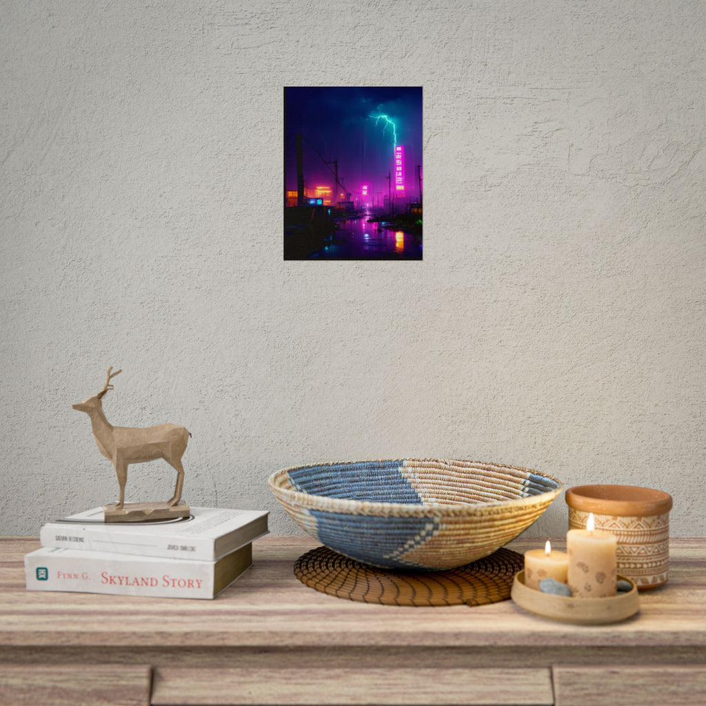 Neon Cyberpunk City Poster — Lightning Nightscape Rolled Art Print