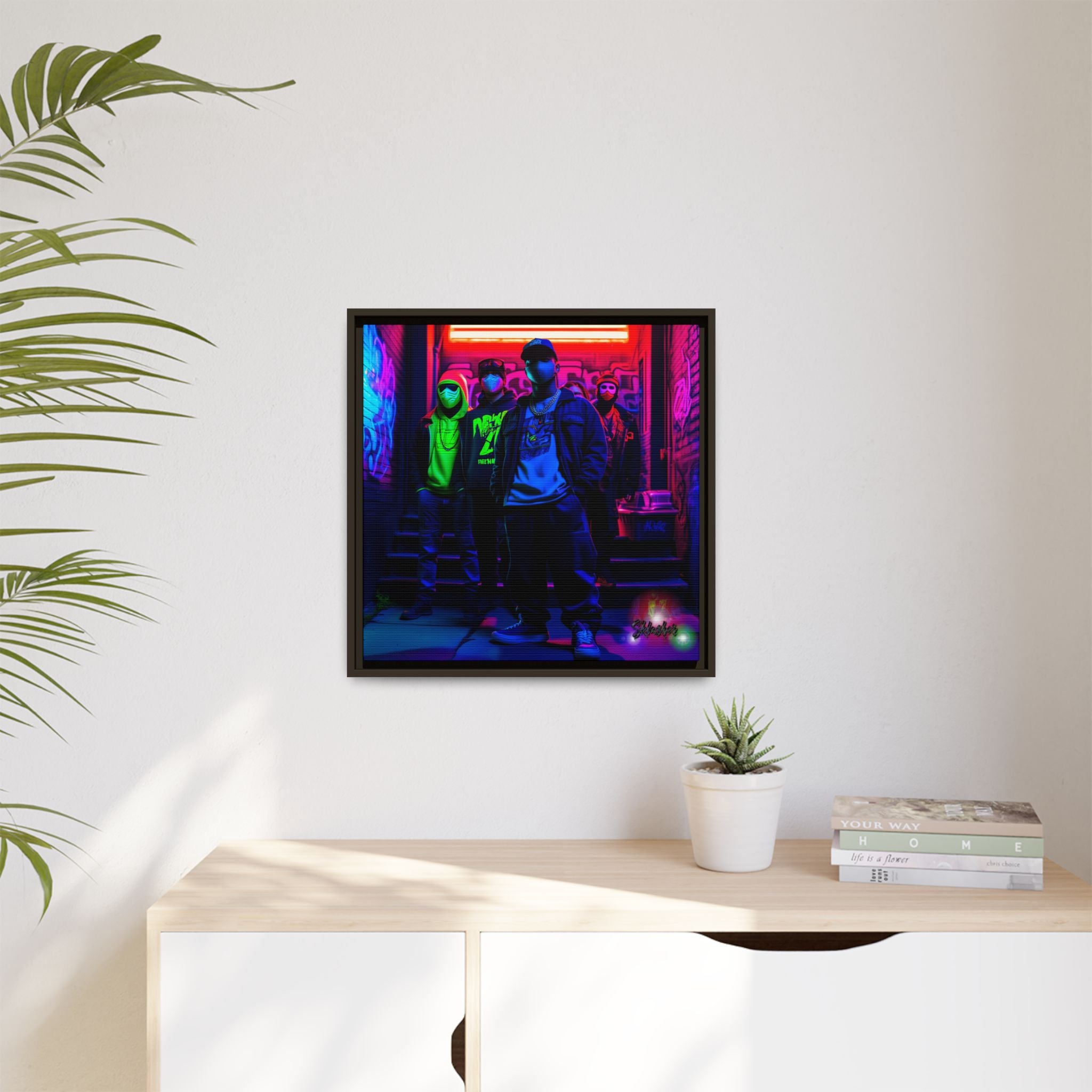 Cyberpunk Street Crew Framed Matte Canvas — Wall Art