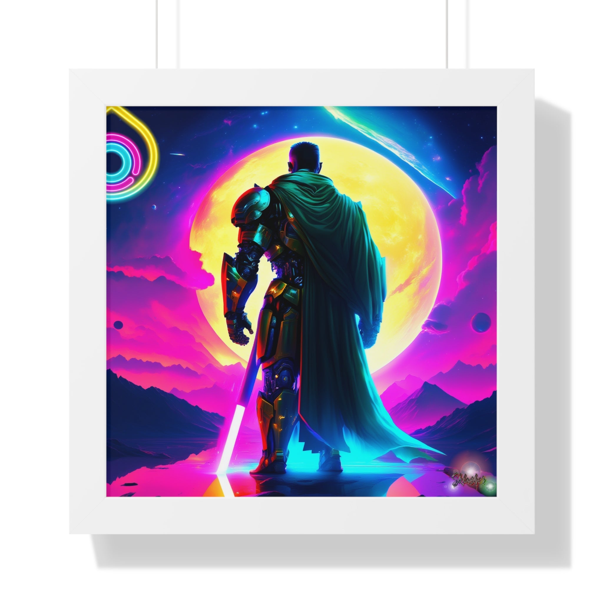 Neon Sci‑Fi Knight Framed Poster — Futuristic Cyberpunk Wall Art