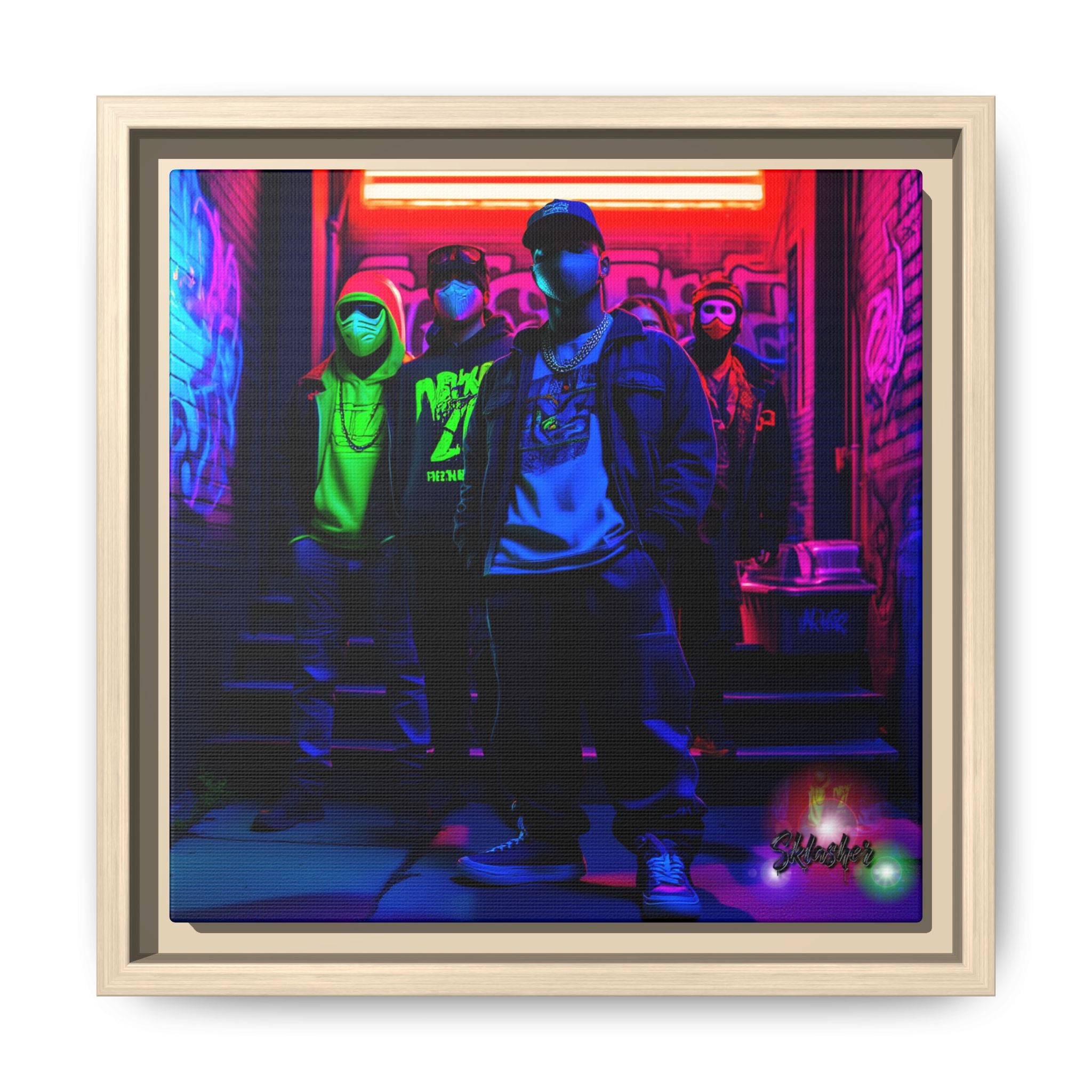 Cyberpunk Street Crew Framed Matte Canvas — Wall Art