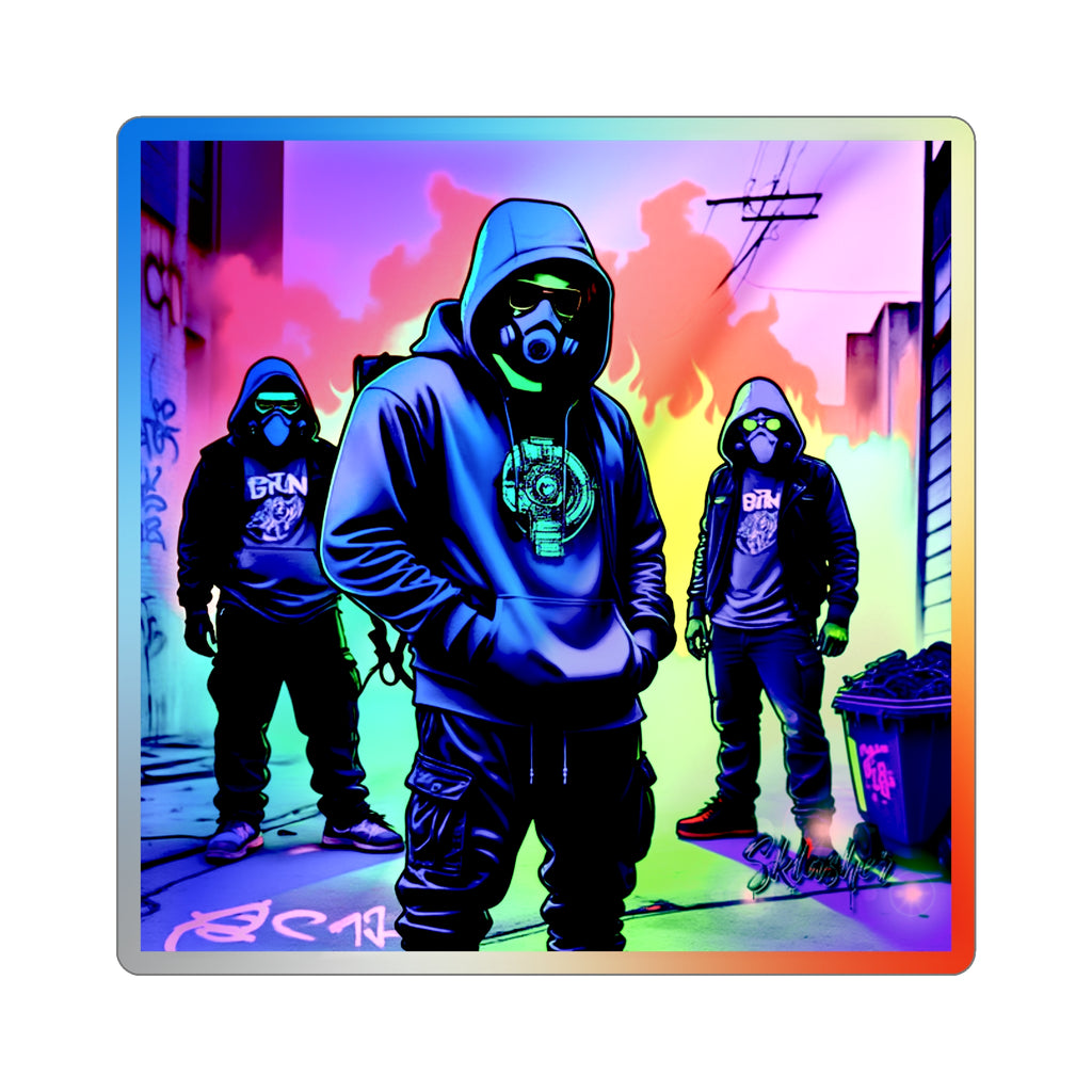 Holographic Die-Cut Sticker — Neon Gasmask Crew Street Art