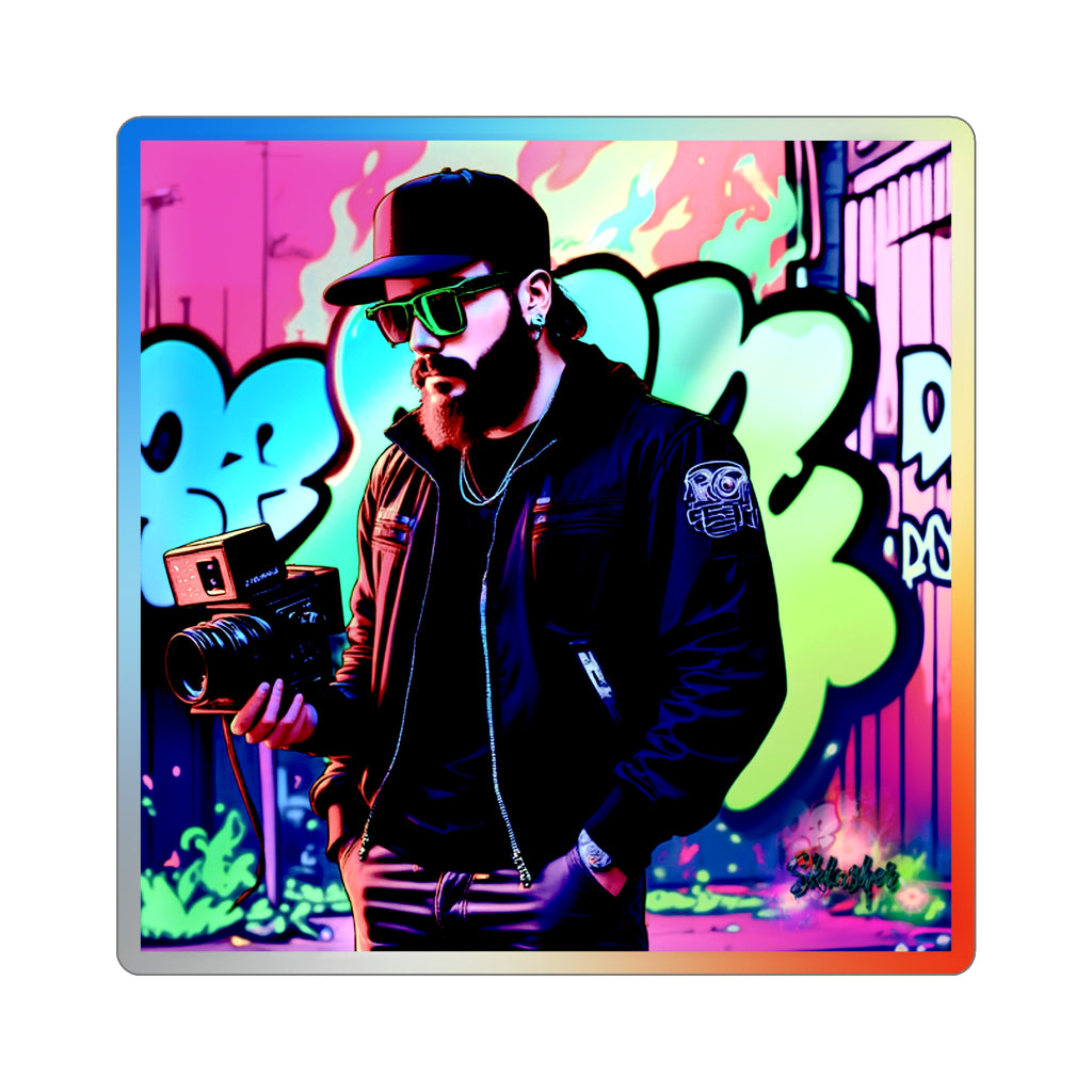 Holographic Graffiti Photographer Sticker — Die-Cut Iridescent Vinyl