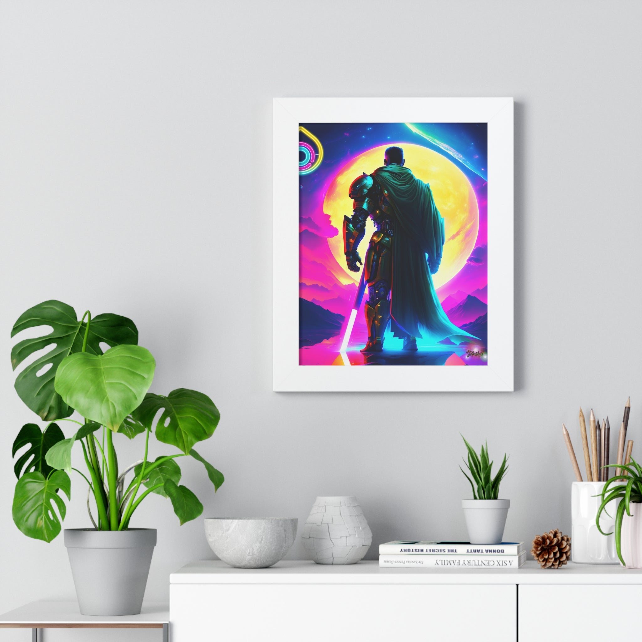 Neon Sci‑Fi Knight Framed Poster — Futuristic Cyberpunk Wall Art