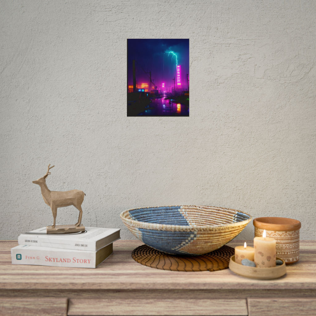 Neon Cyberpunk City Poster — Lightning Nightscape Rolled Art Print