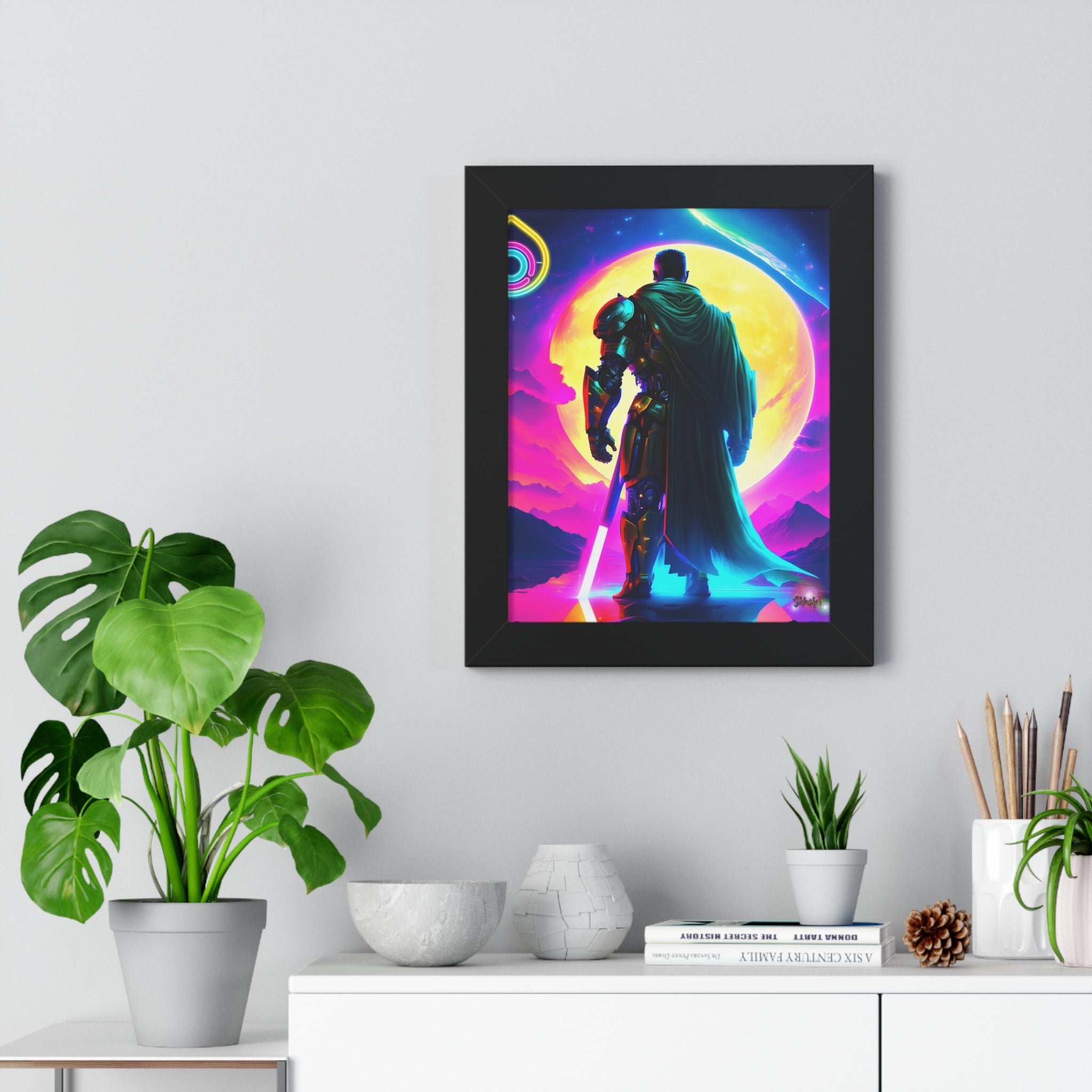 Neon Sci‑Fi Knight Framed Poster — Futuristic Cyberpunk Wall Art