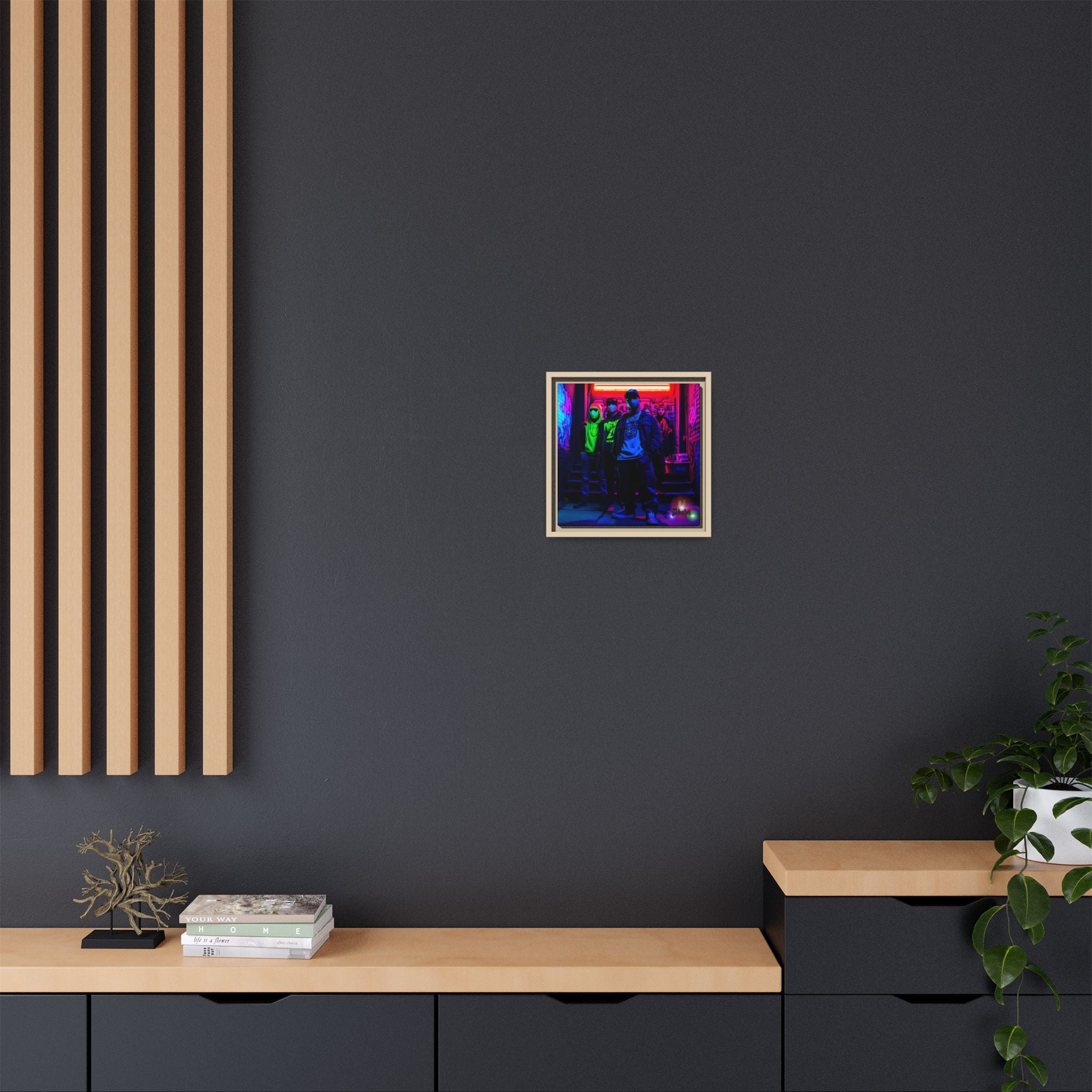 Cyberpunk Street Crew Framed Matte Canvas — Wall Art
