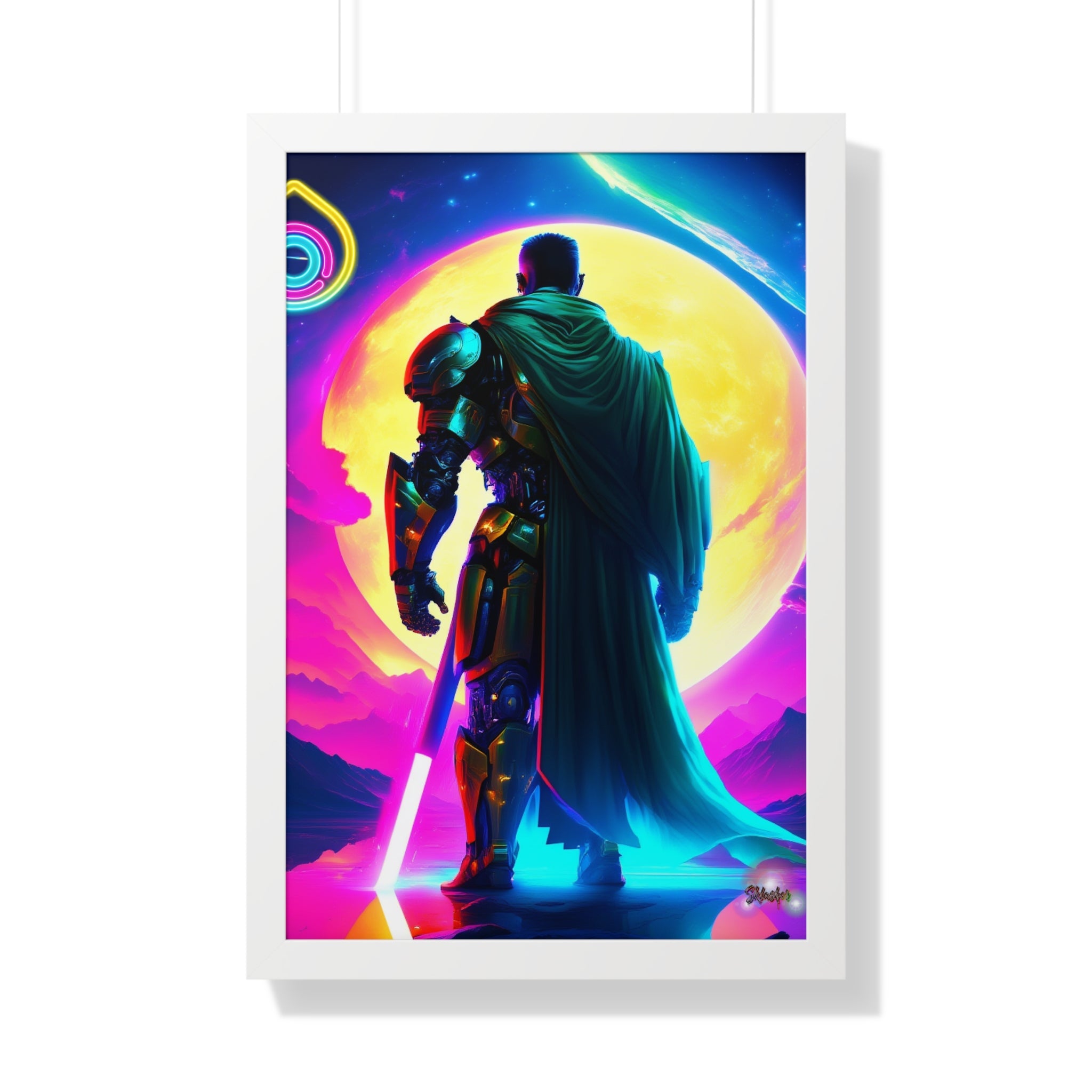 Neon Sci‑Fi Knight Framed Poster — Futuristic Cyberpunk Wall Art