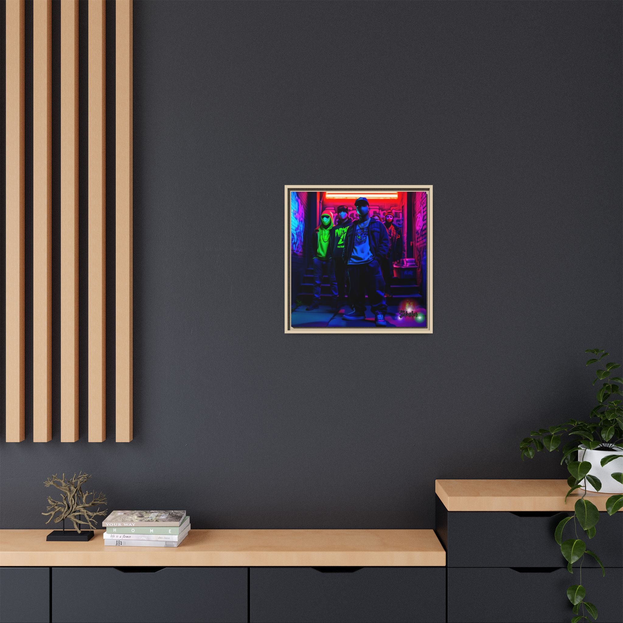 Cyberpunk Street Crew Framed Matte Canvas — Wall Art