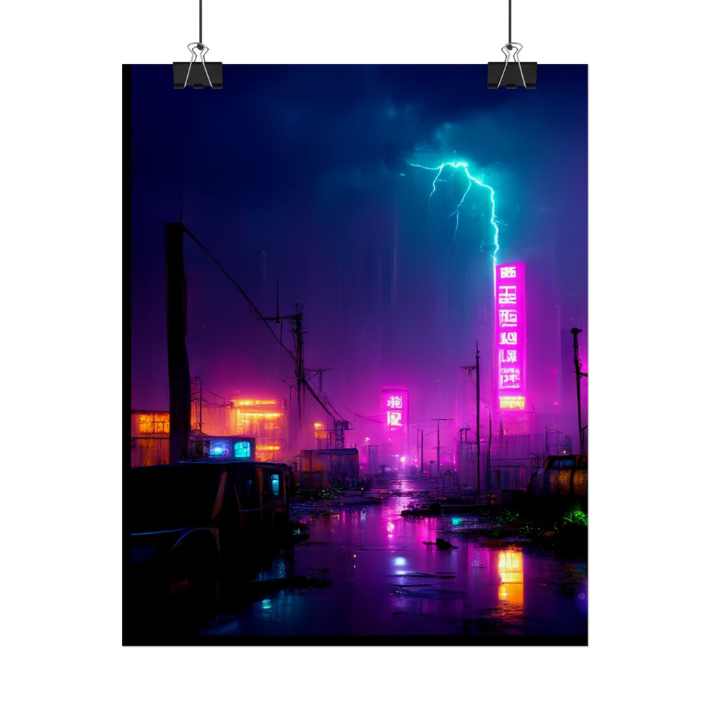 Neon Cyberpunk City Poster — Lightning Nightscape Rolled Art Print