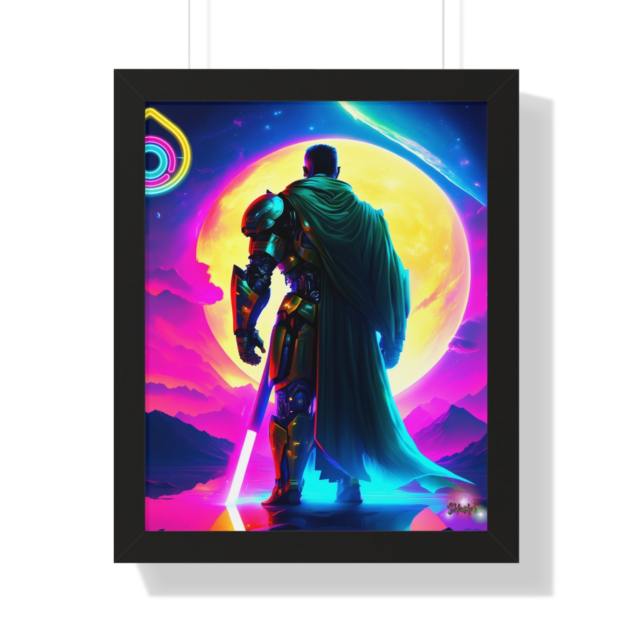 Neon Sci‑Fi Knight Framed Poster — Futuristic Cyberpunk Wall Art