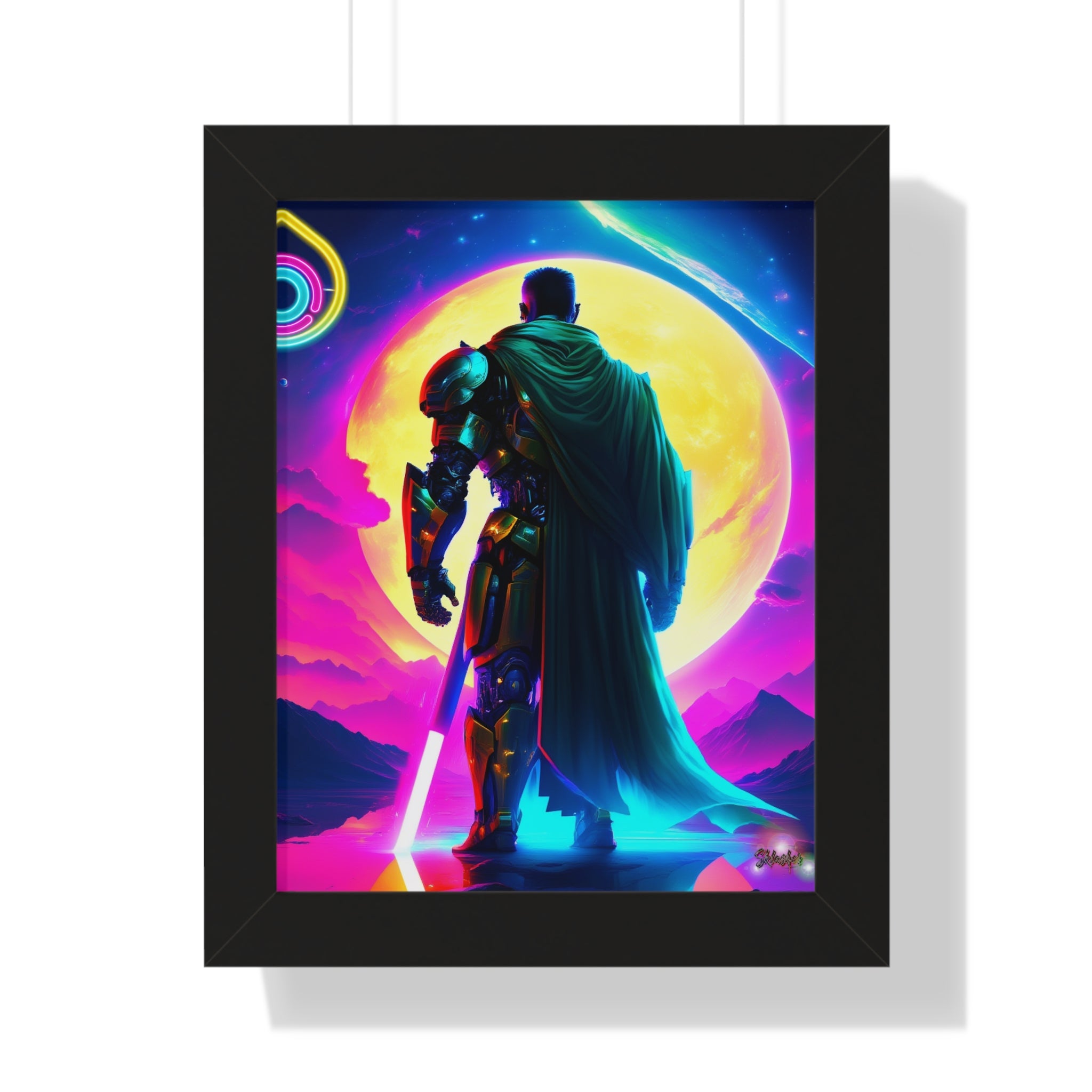 Neon Sci‑Fi Knight Framed Poster — Futuristic Cyberpunk Wall Art