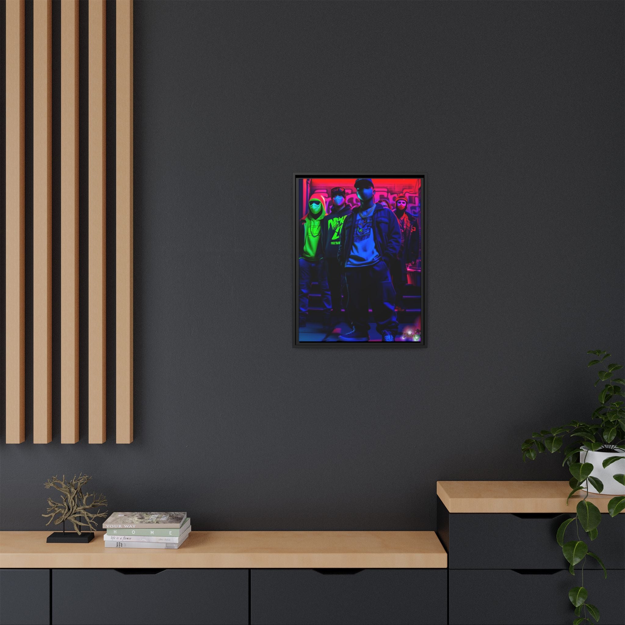 Cyberpunk Street Crew Framed Matte Canvas — Wall Art
