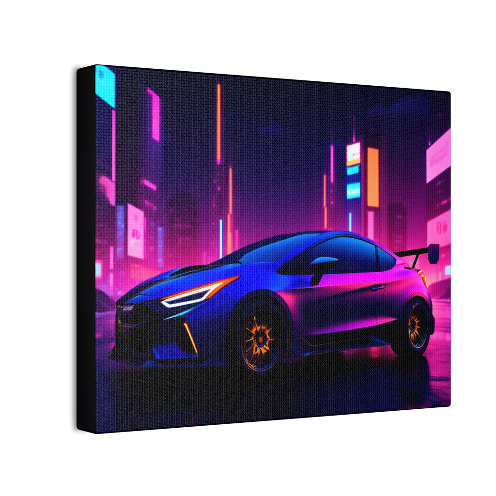 Neon City Sports Car Canvas Print — Retro Futuristic Wall Art
