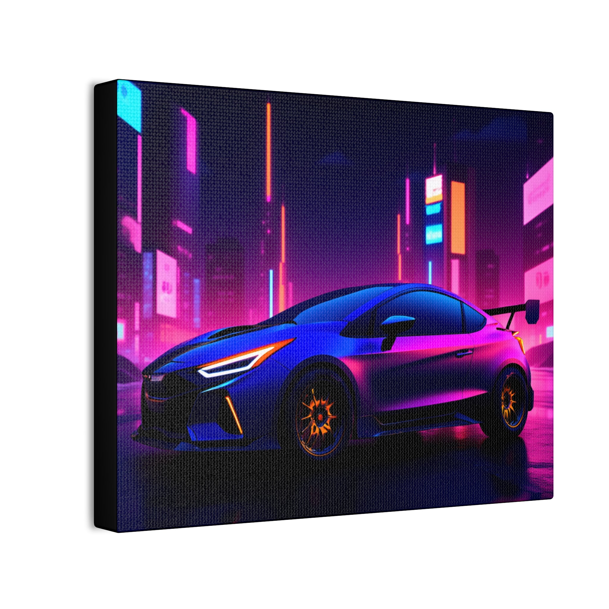 Neon City Sports Car Canvas Print — Retro Futuristic Wall Art