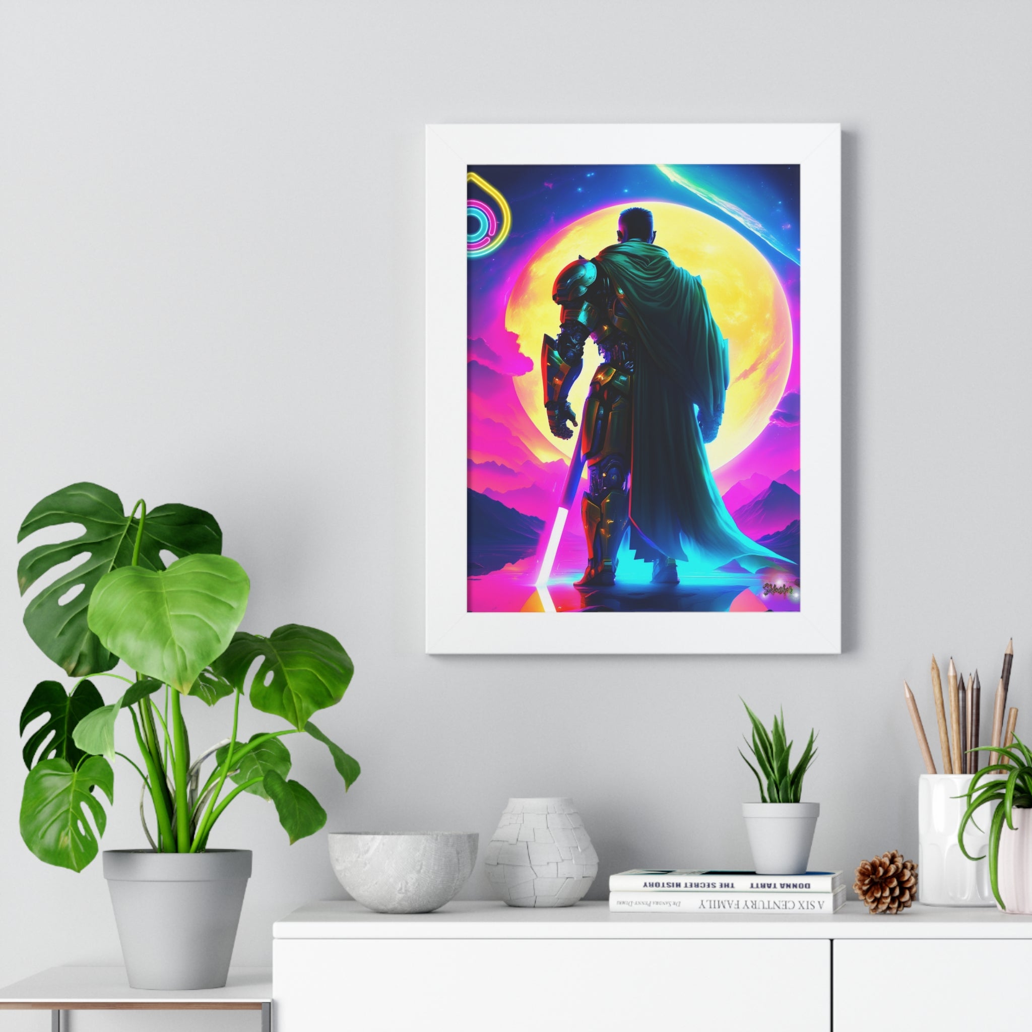 Neon Sci‑Fi Knight Framed Poster — Futuristic Cyberpunk Wall Art