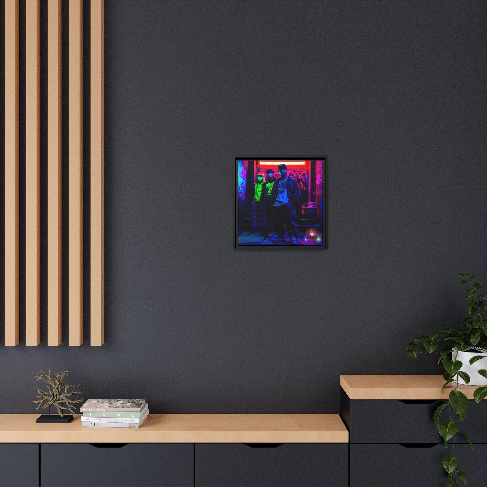 Cyberpunk Street Crew Framed Matte Canvas — Wall Art