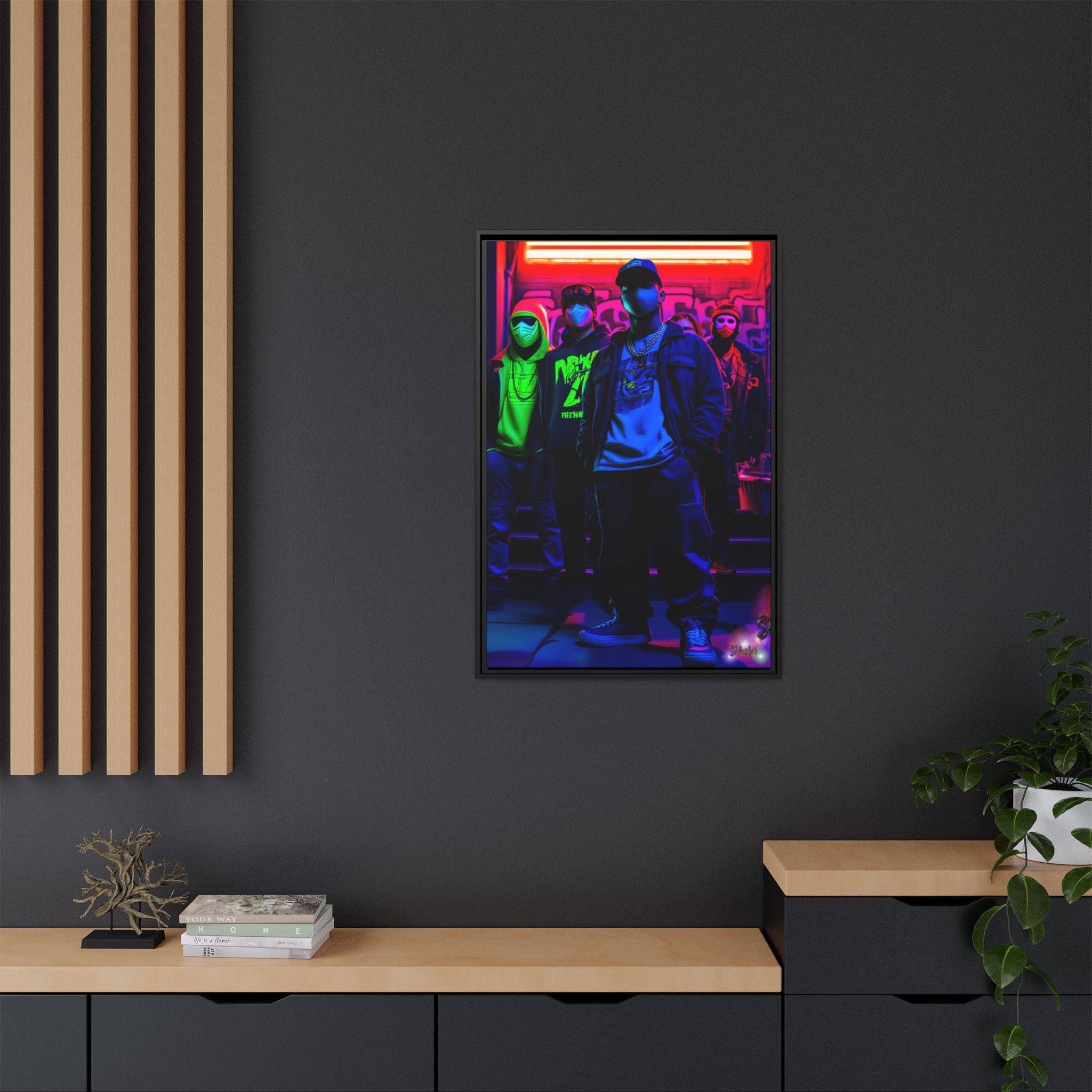 Cyberpunk Street Crew Framed Matte Canvas — Wall Art