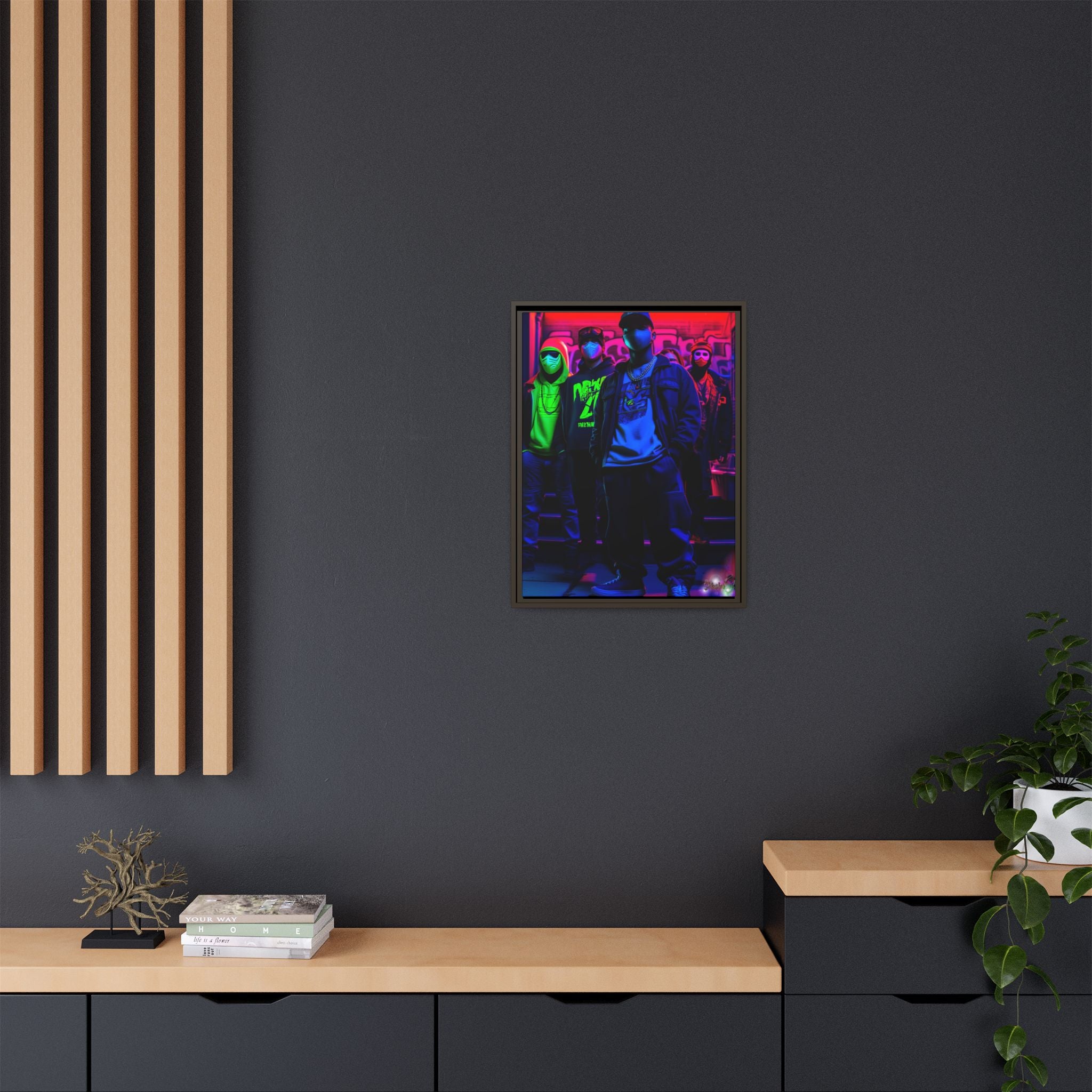Cyberpunk Street Crew Framed Matte Canvas — Wall Art