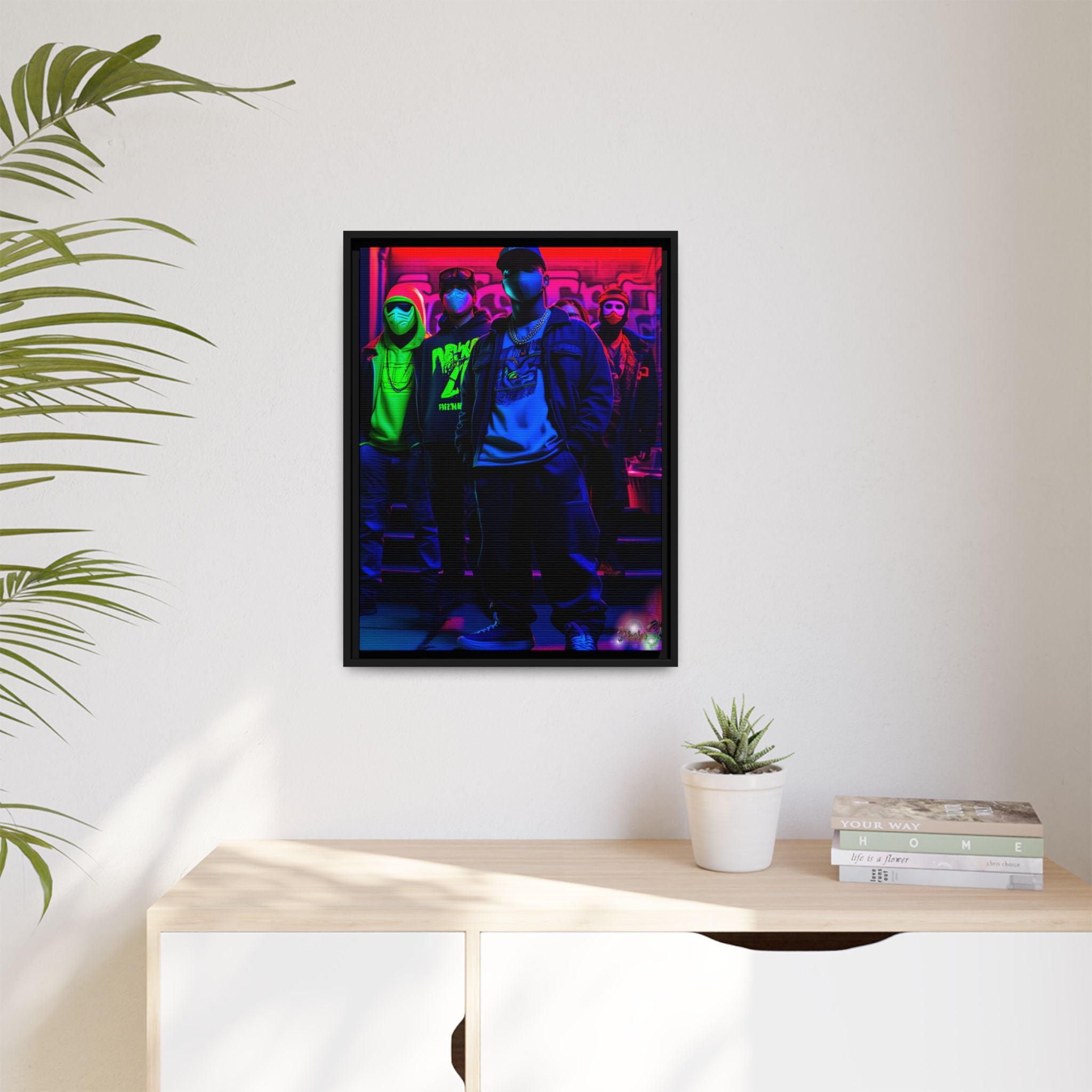 Cyberpunk Street Crew Framed Matte Canvas — Wall Art