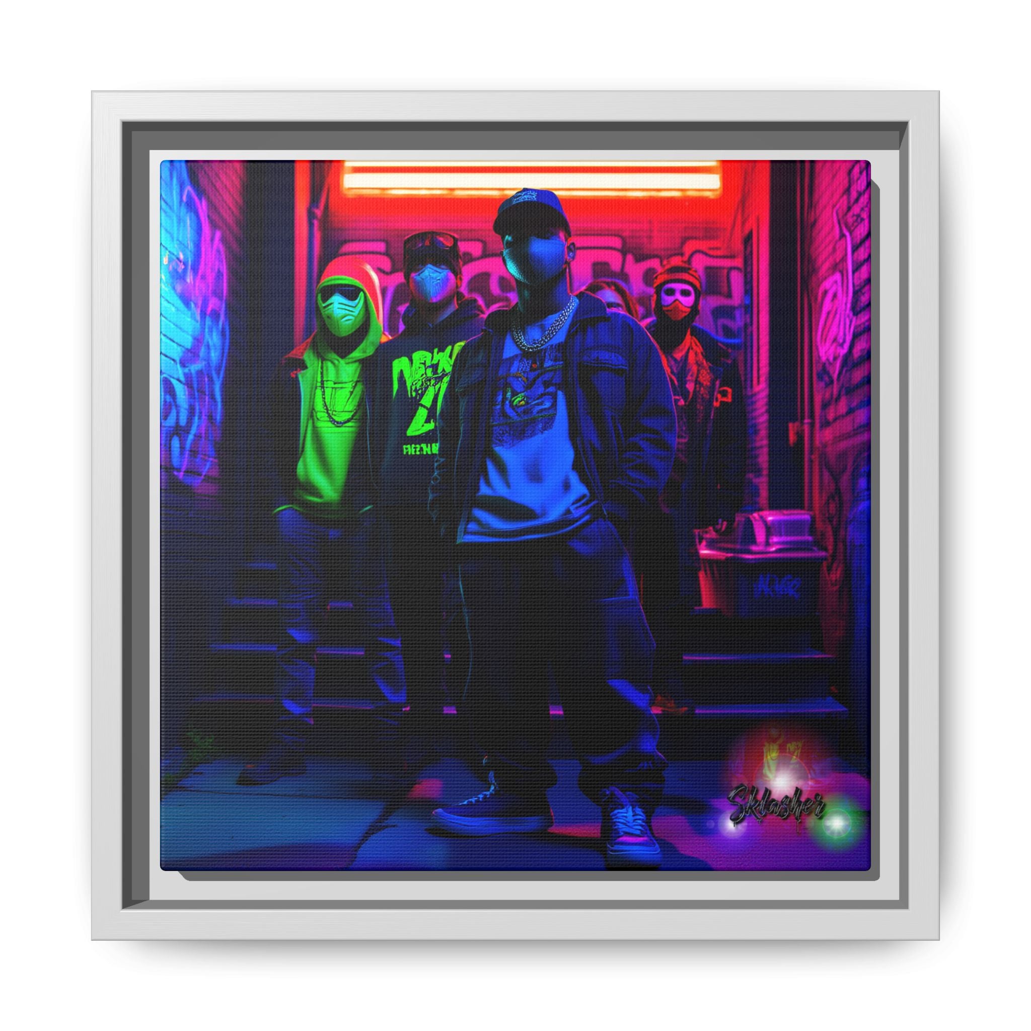 Cyberpunk Street Crew Framed Matte Canvas — Wall Art