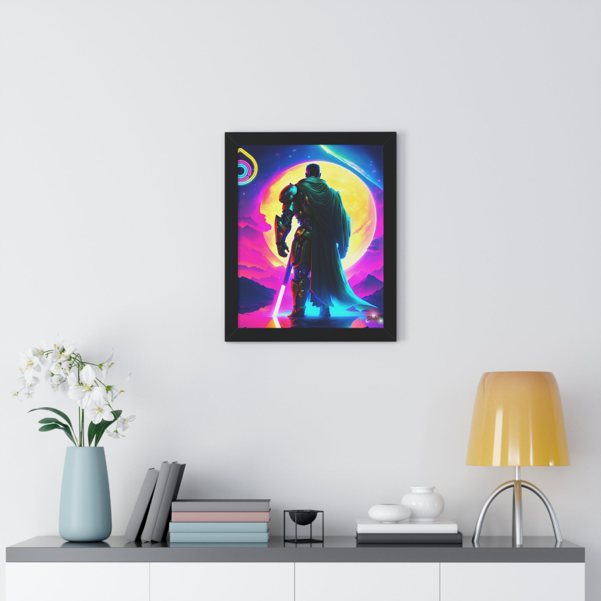 Neon Sci‑Fi Knight Framed Poster — Futuristic Cyberpunk Wall Art