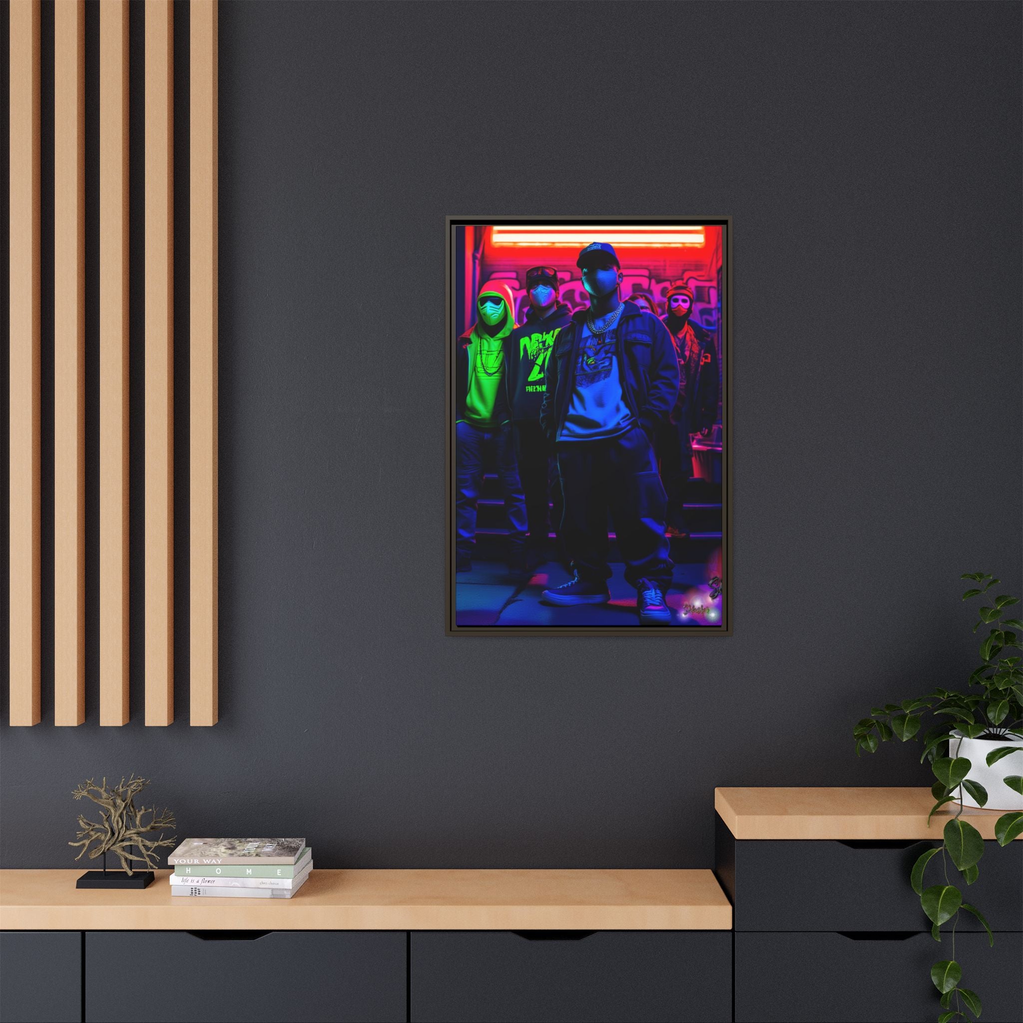 Cyberpunk Street Crew Framed Matte Canvas — Wall Art