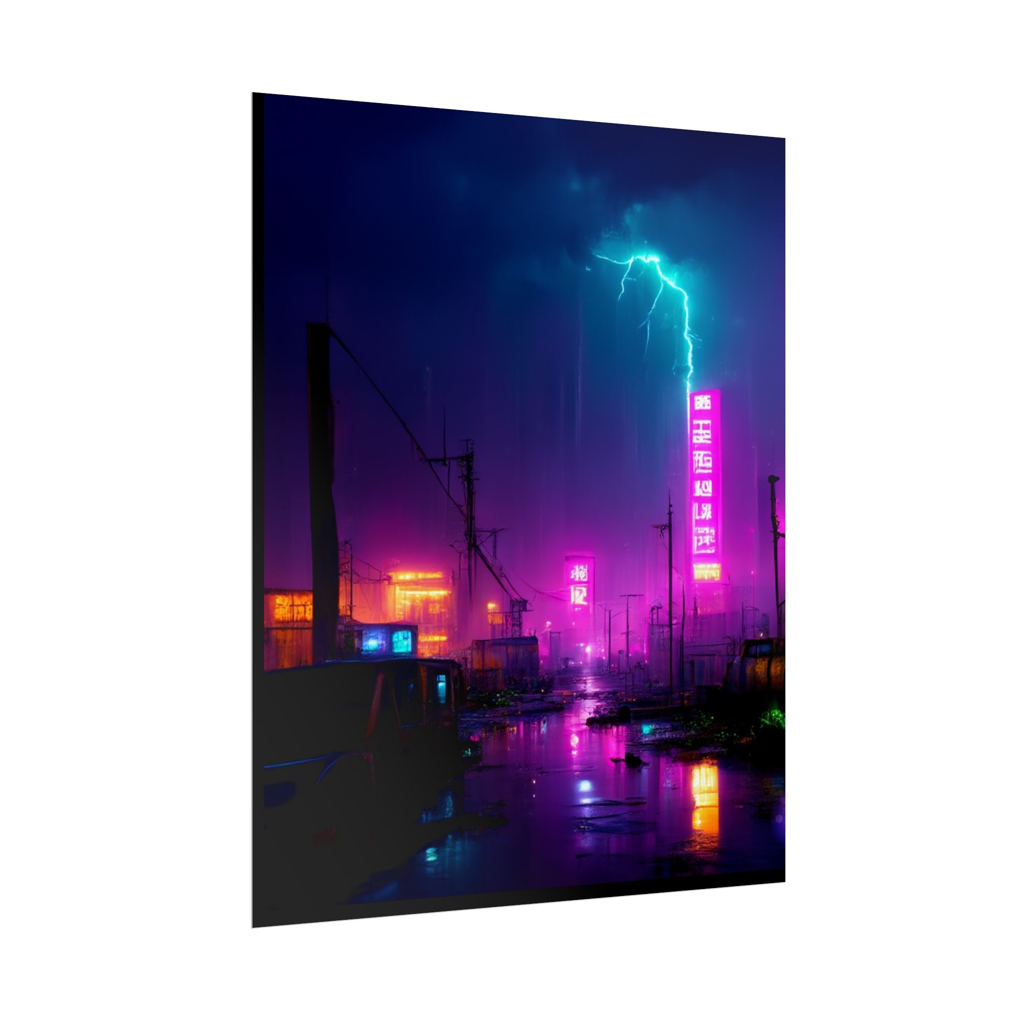 Neon Cyberpunk City Poster — Lightning Nightscape Rolled Art Print