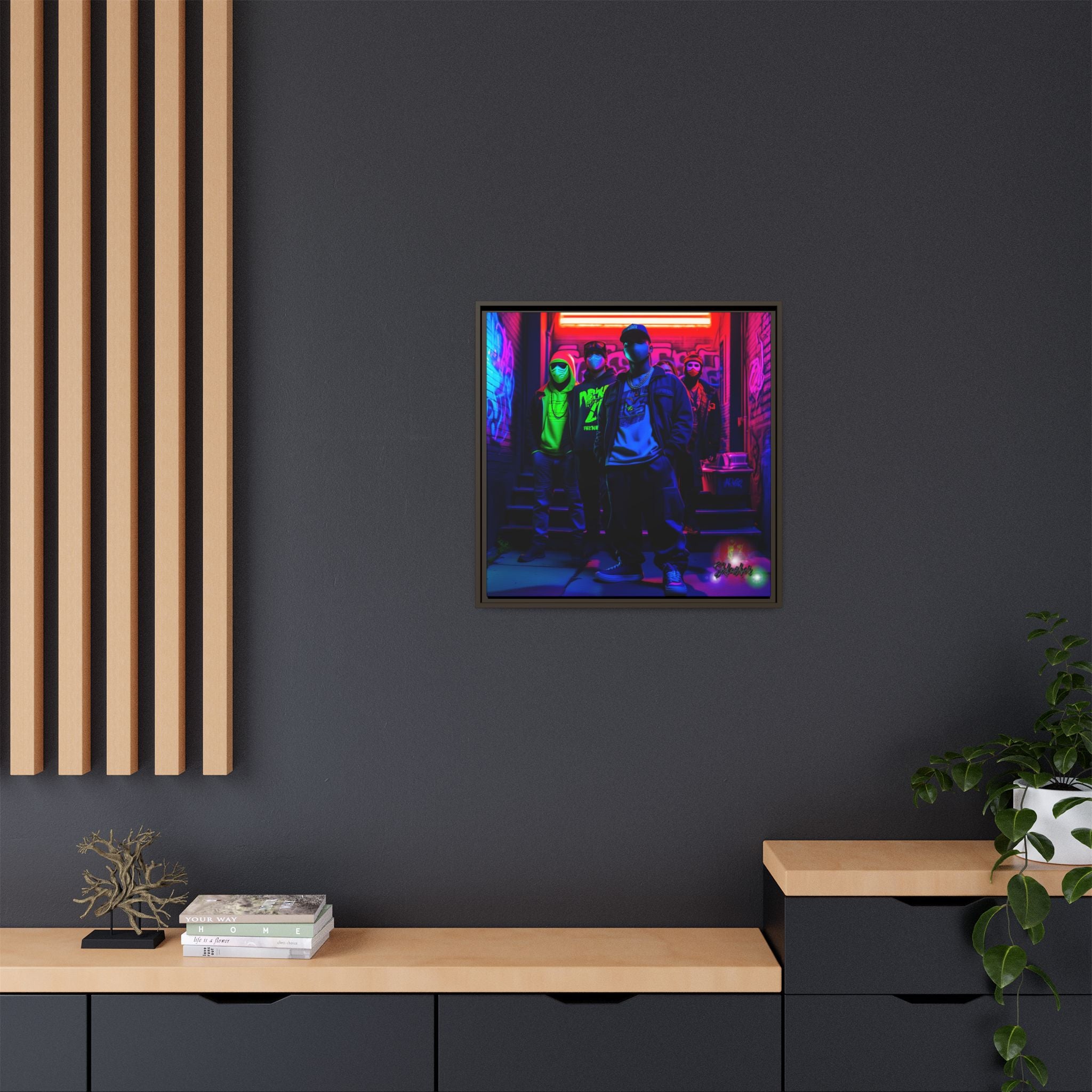 Cyberpunk Street Crew Framed Matte Canvas — Wall Art