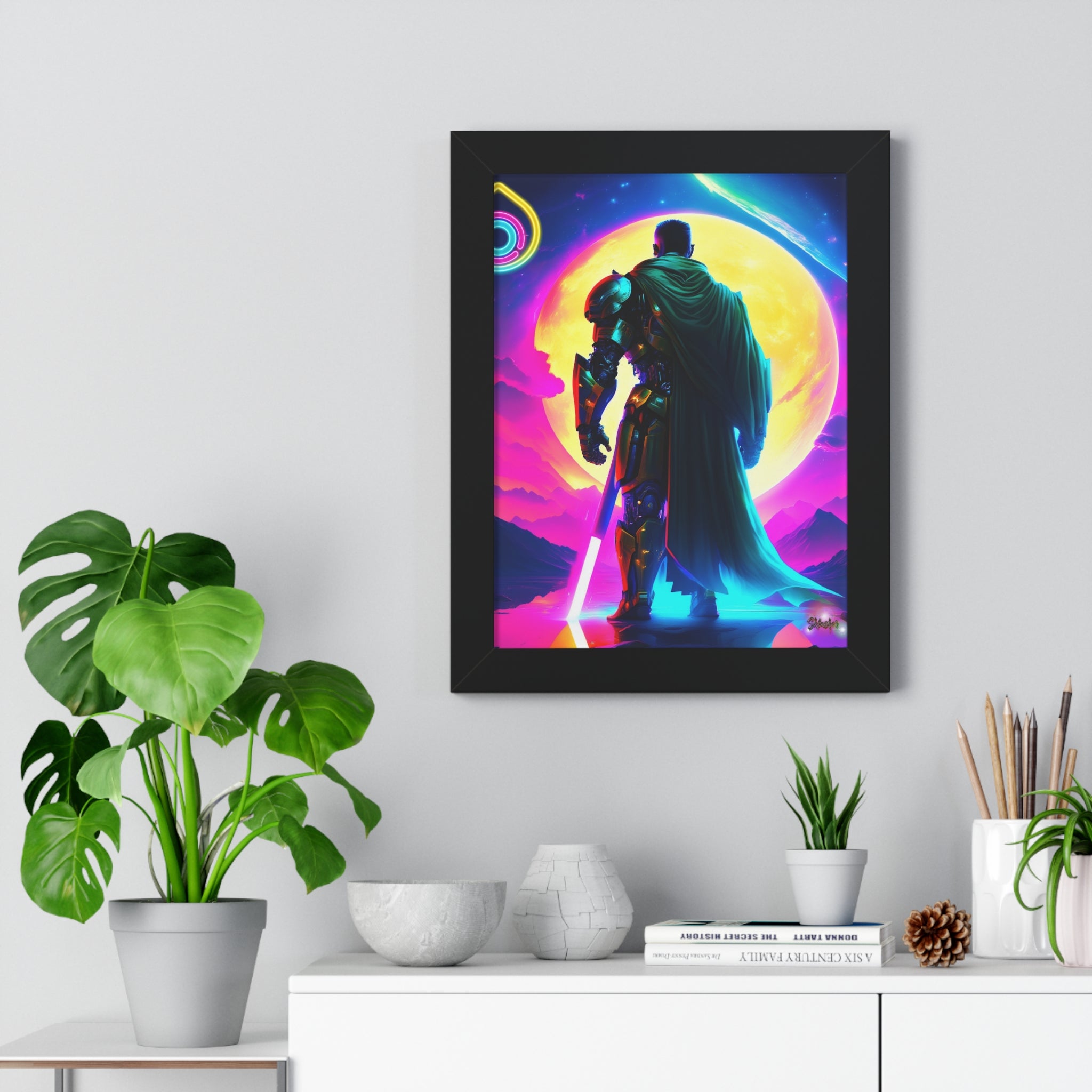 Neon Sci‑Fi Knight Framed Poster — Futuristic Cyberpunk Wall Art