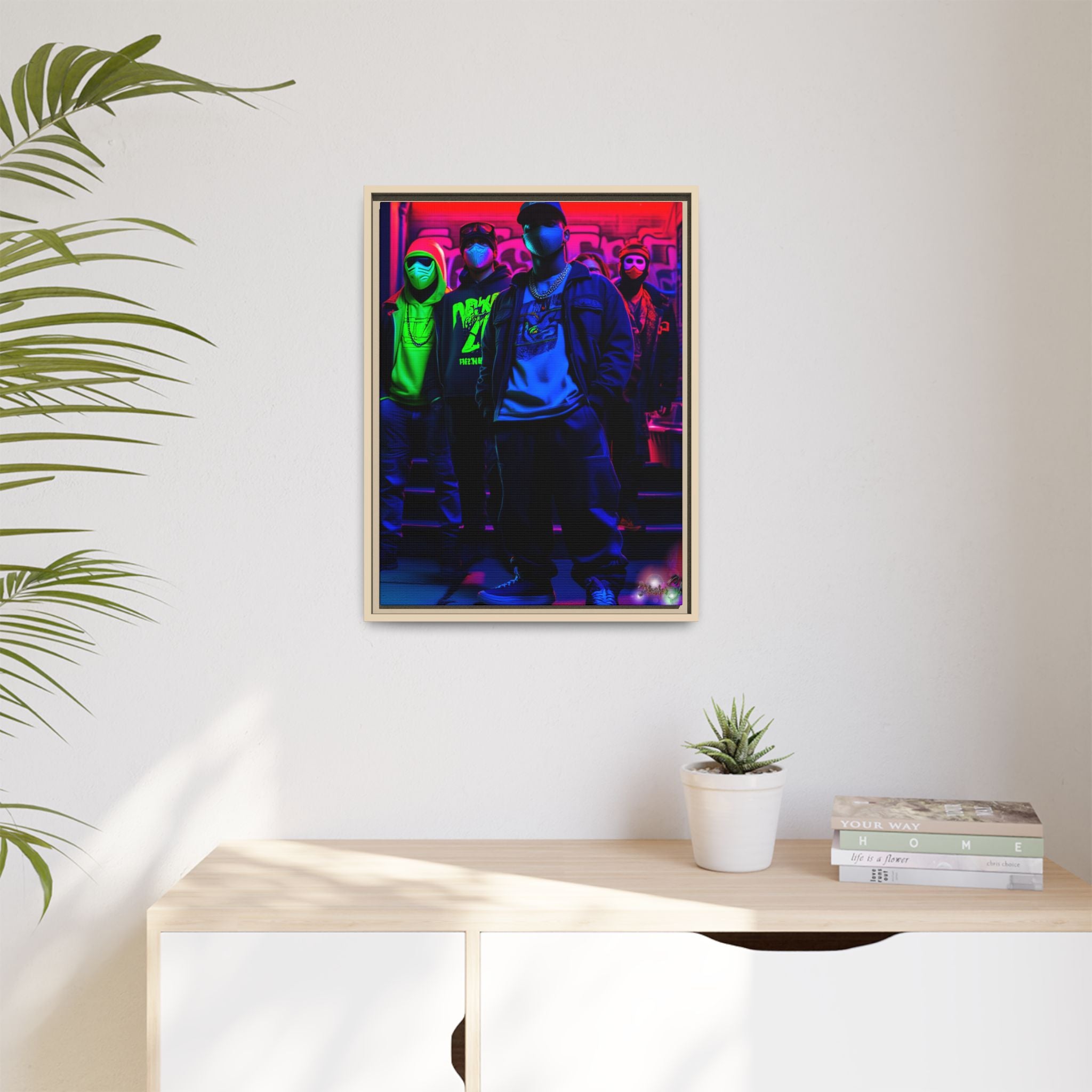 Cyberpunk Street Crew Framed Matte Canvas — Wall Art