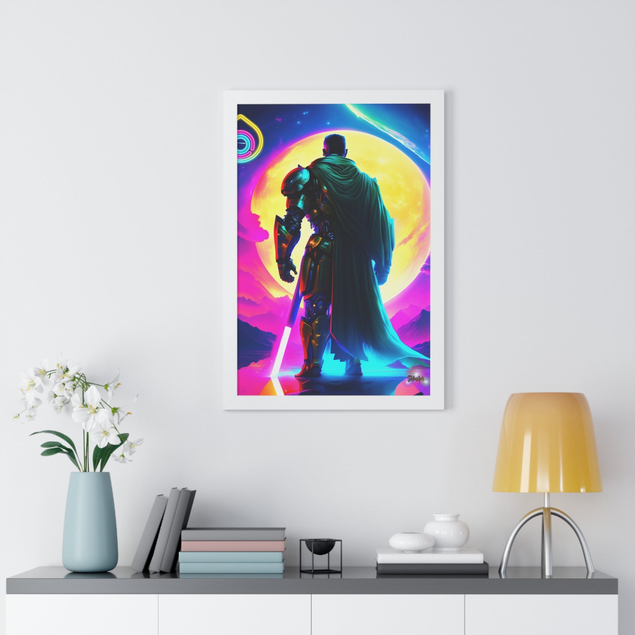 Neon Sci‑Fi Knight Framed Poster — Futuristic Cyberpunk Wall Art
