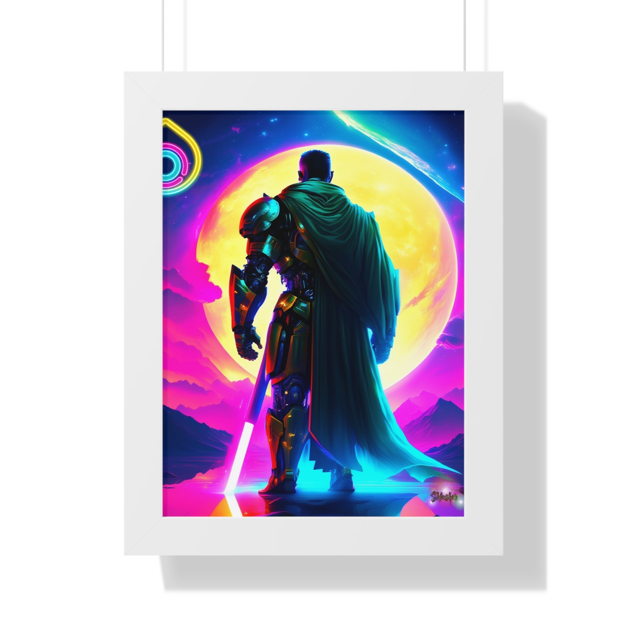 Neon Sci‑Fi Knight Framed Poster — Futuristic Cyberpunk Wall Art
