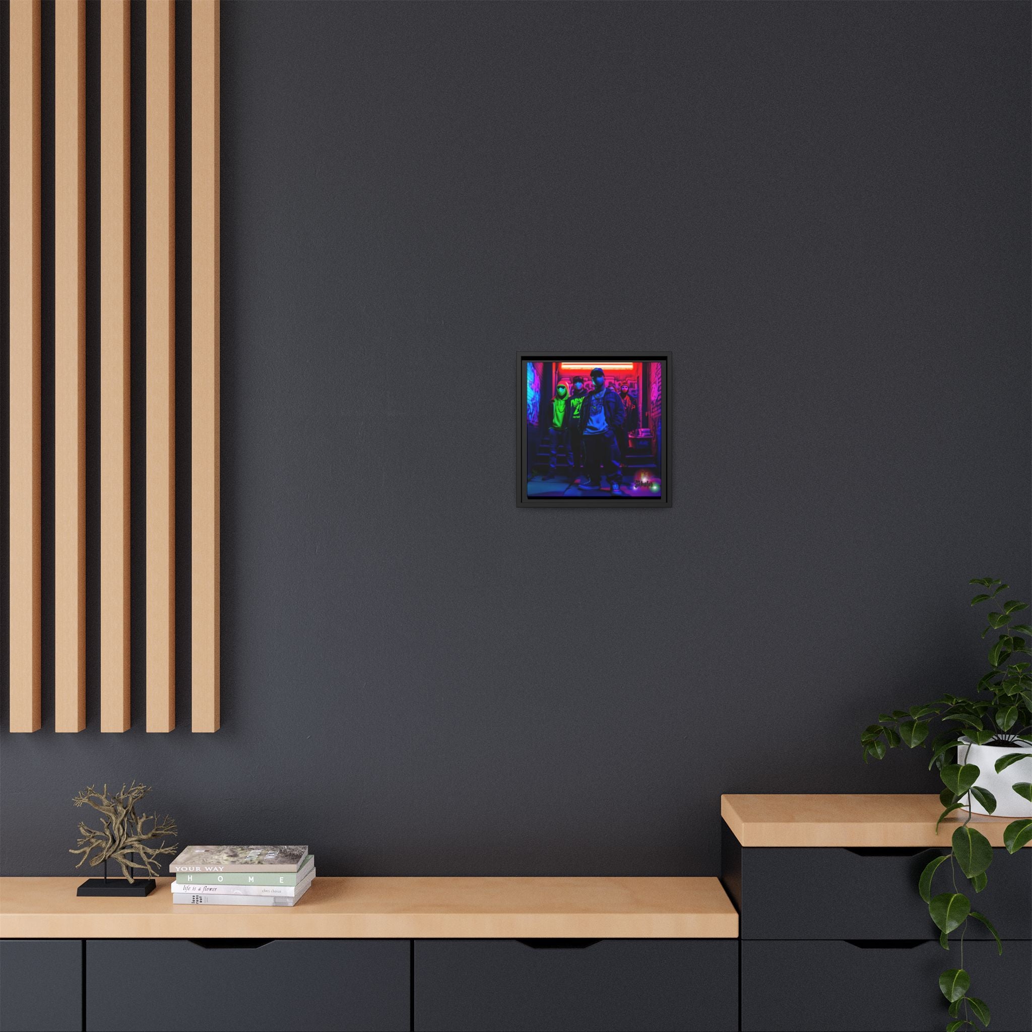 Cyberpunk Street Crew Framed Matte Canvas — Wall Art