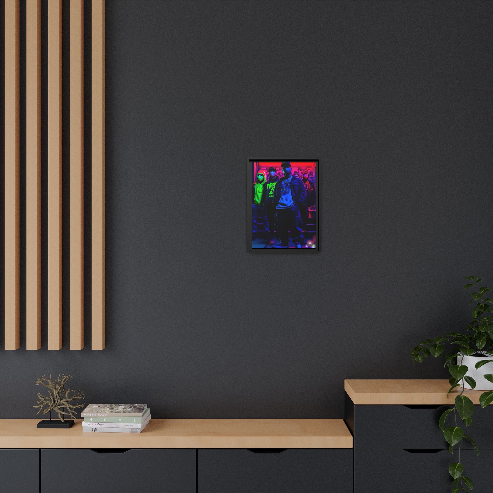 Cyberpunk Street Crew Framed Matte Canvas — Wall Art