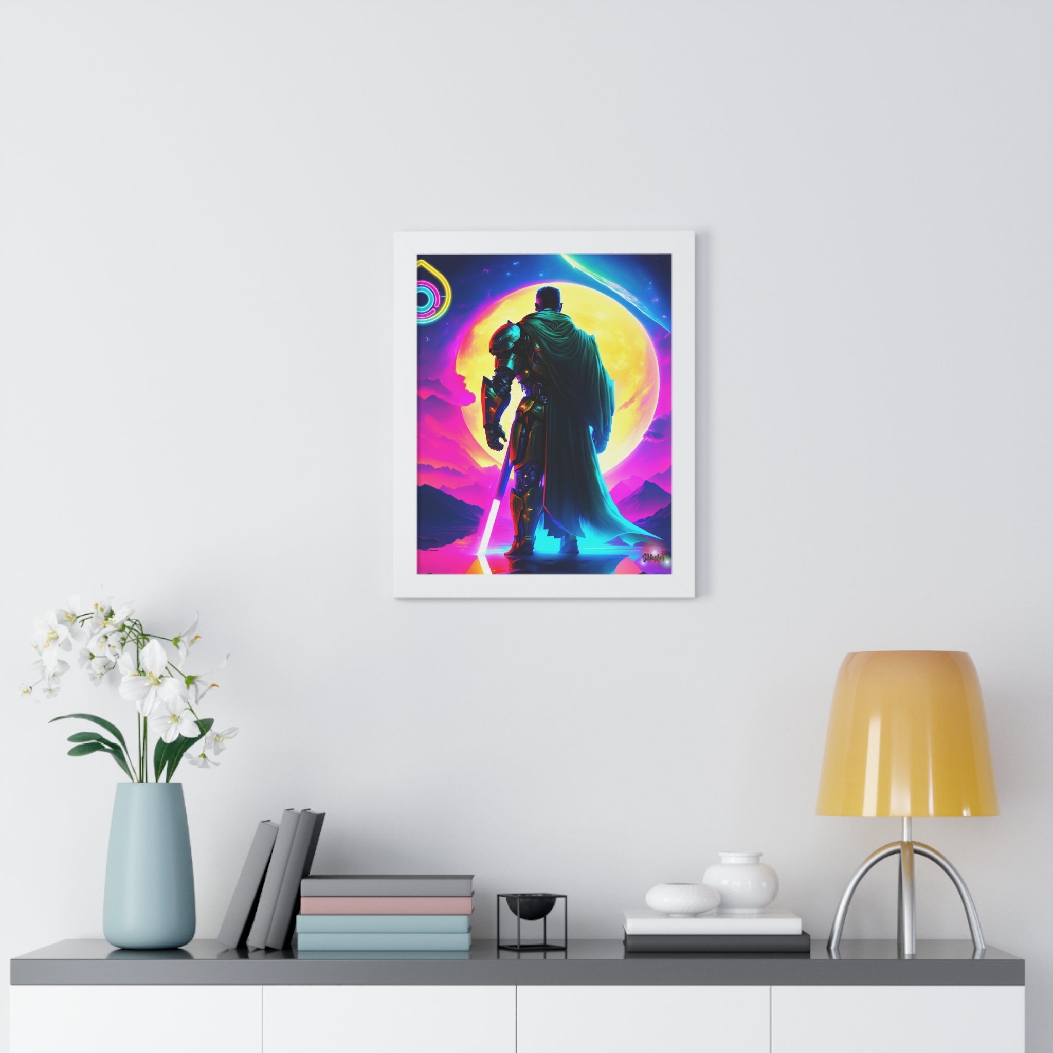 Neon Sci‑Fi Knight Framed Poster — Futuristic Cyberpunk Wall Art