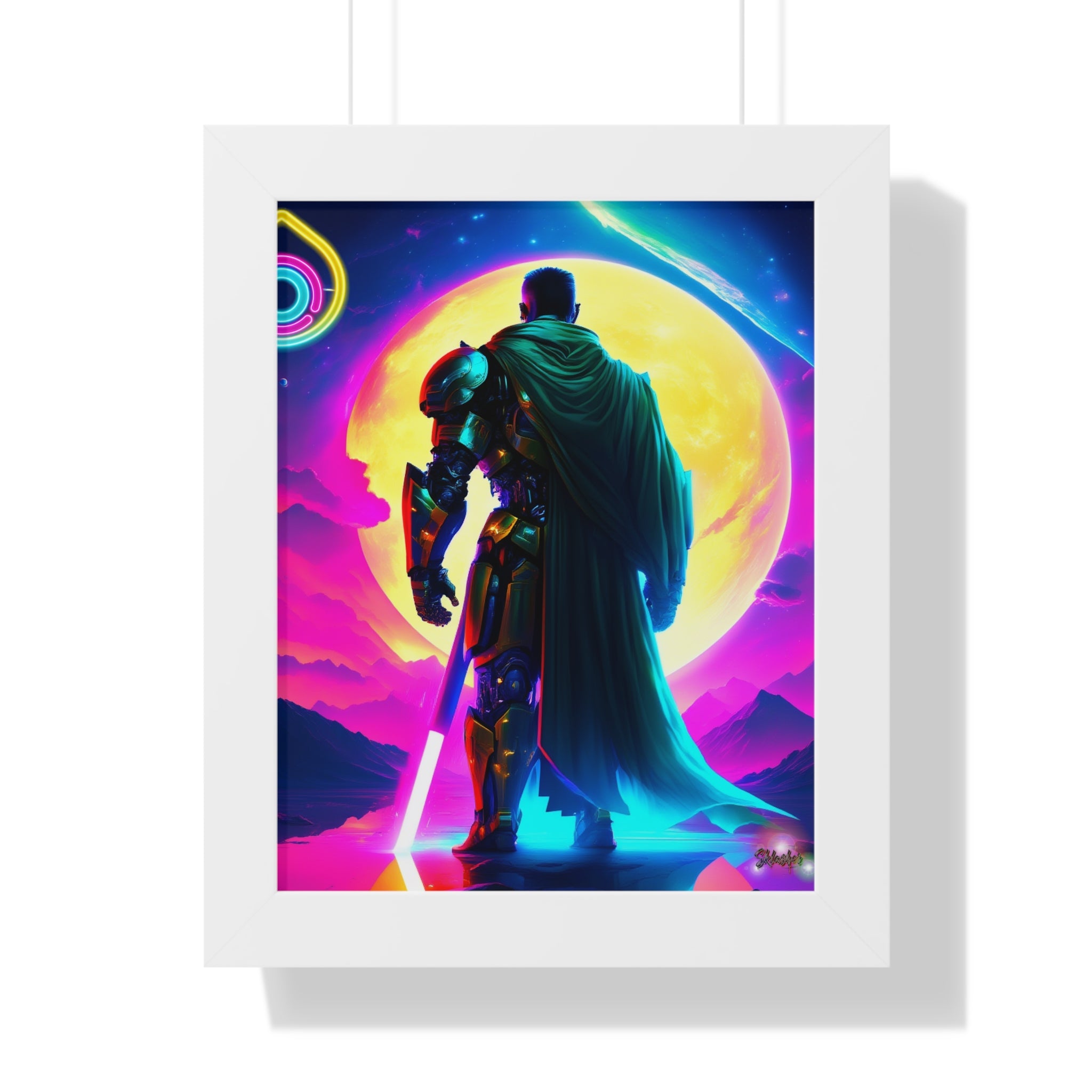 Neon Sci‑Fi Knight Framed Poster — Futuristic Cyberpunk Wall Art