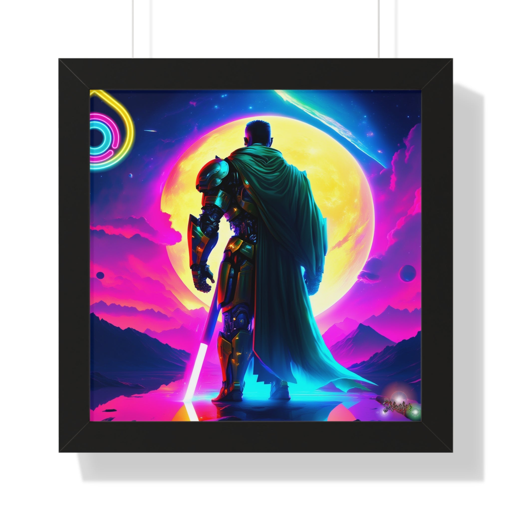 Neon Sci‑Fi Knight Framed Poster — Futuristic Cyberpunk Wall Art