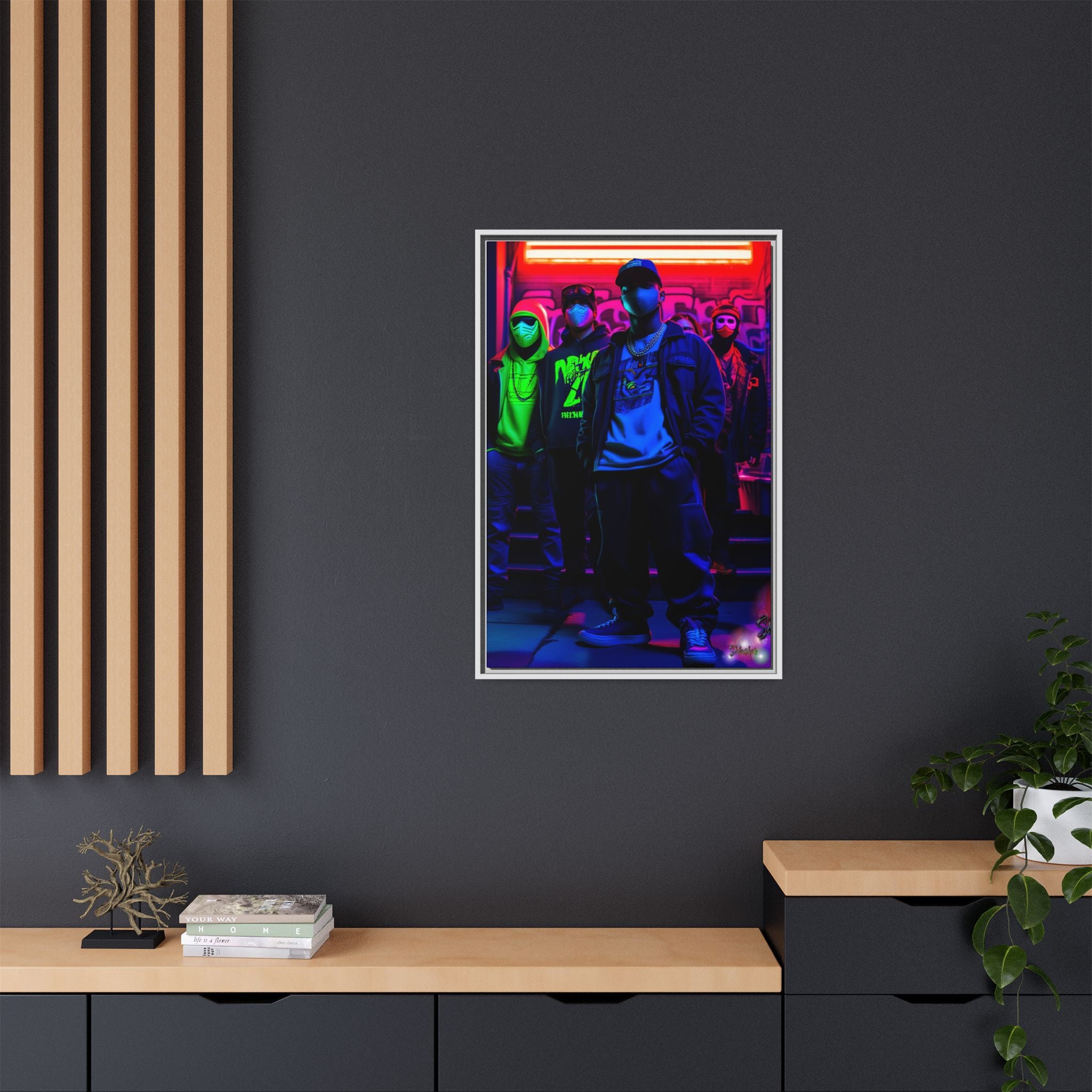 Cyberpunk Street Crew Framed Matte Canvas — Wall Art