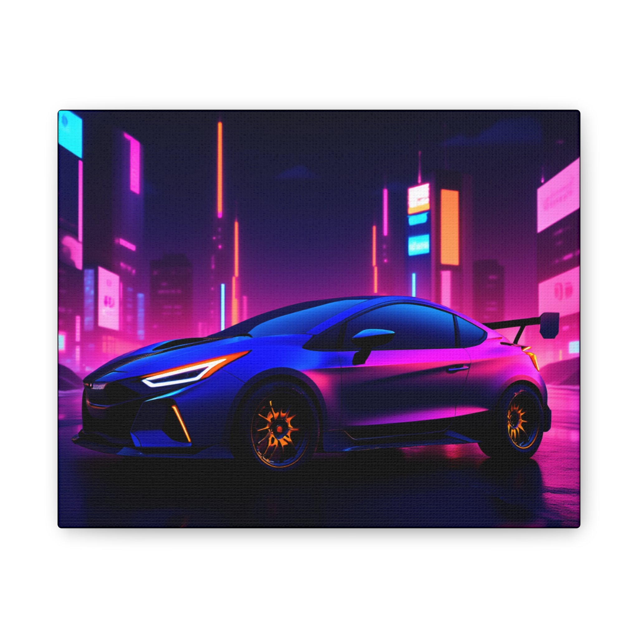 Neon City Sports Car Canvas Print — Retro Futuristic Wall Art