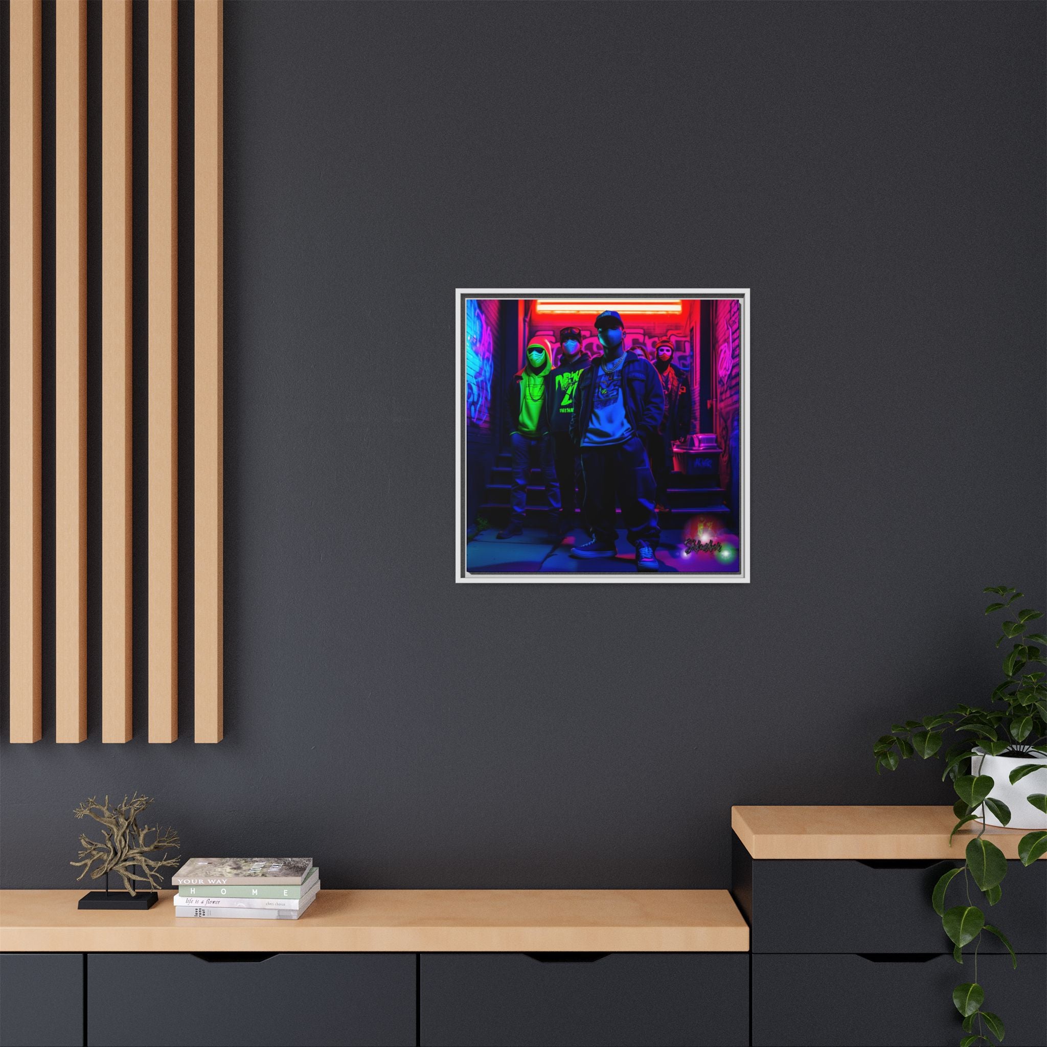 Cyberpunk Street Crew Framed Matte Canvas — Wall Art