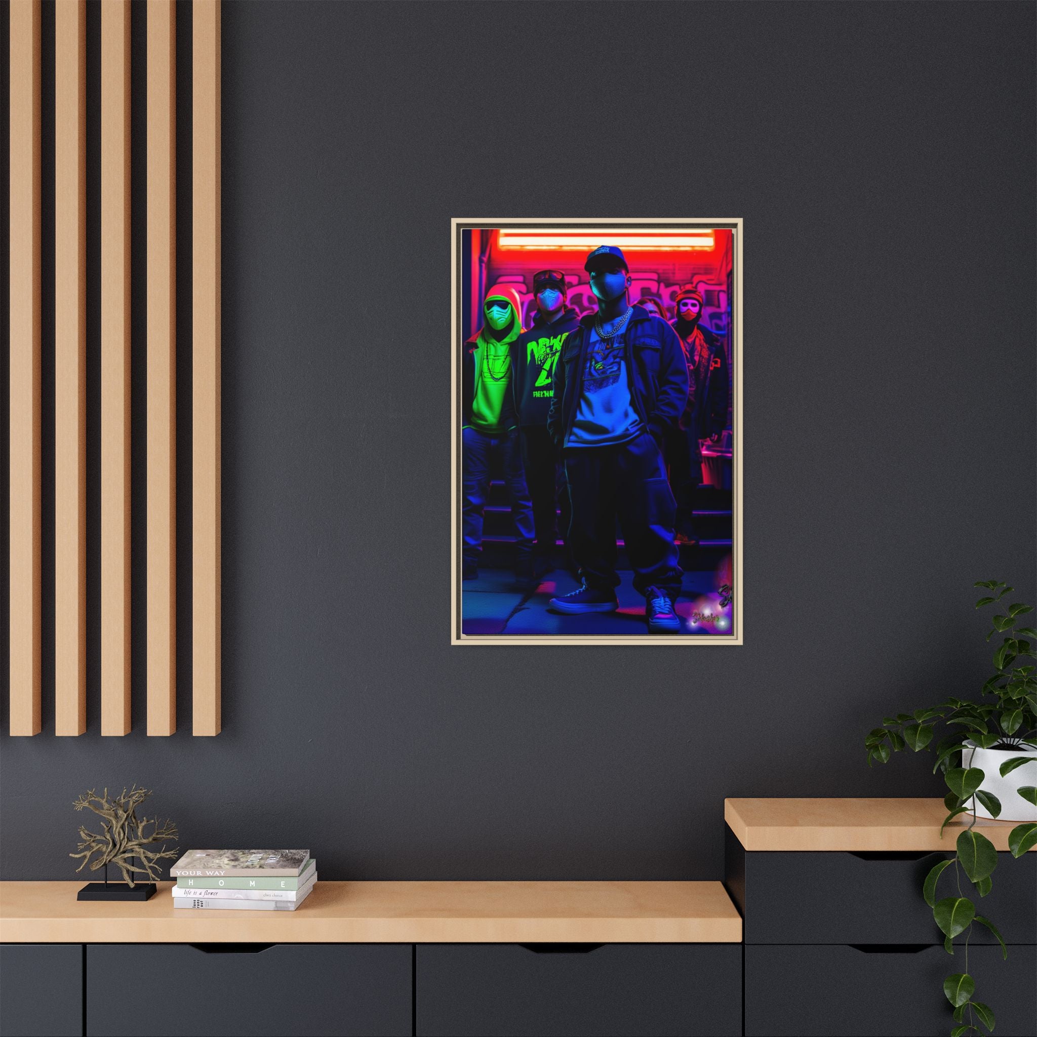Cyberpunk Street Crew Framed Matte Canvas — Wall Art