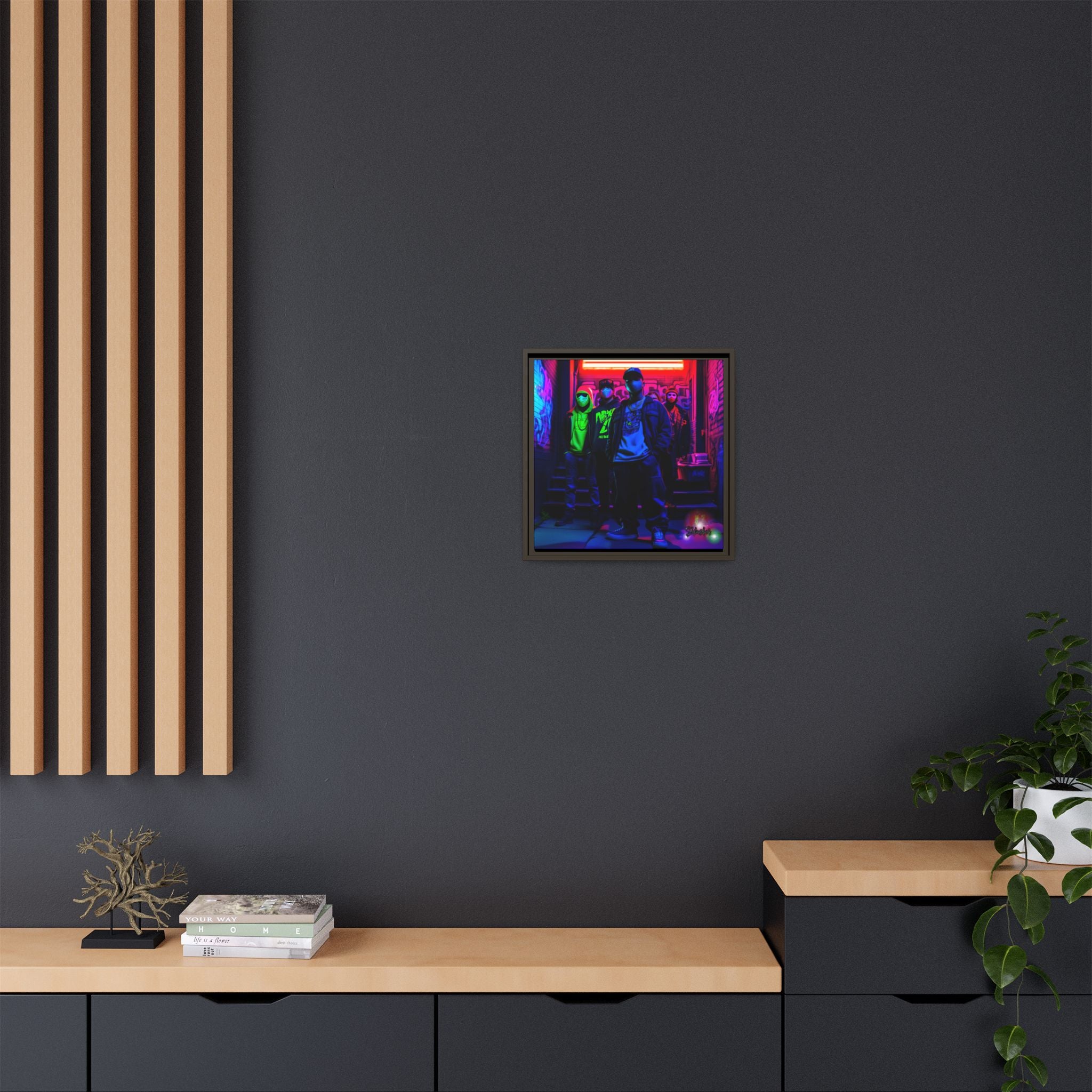 Cyberpunk Street Crew Framed Matte Canvas — Wall Art