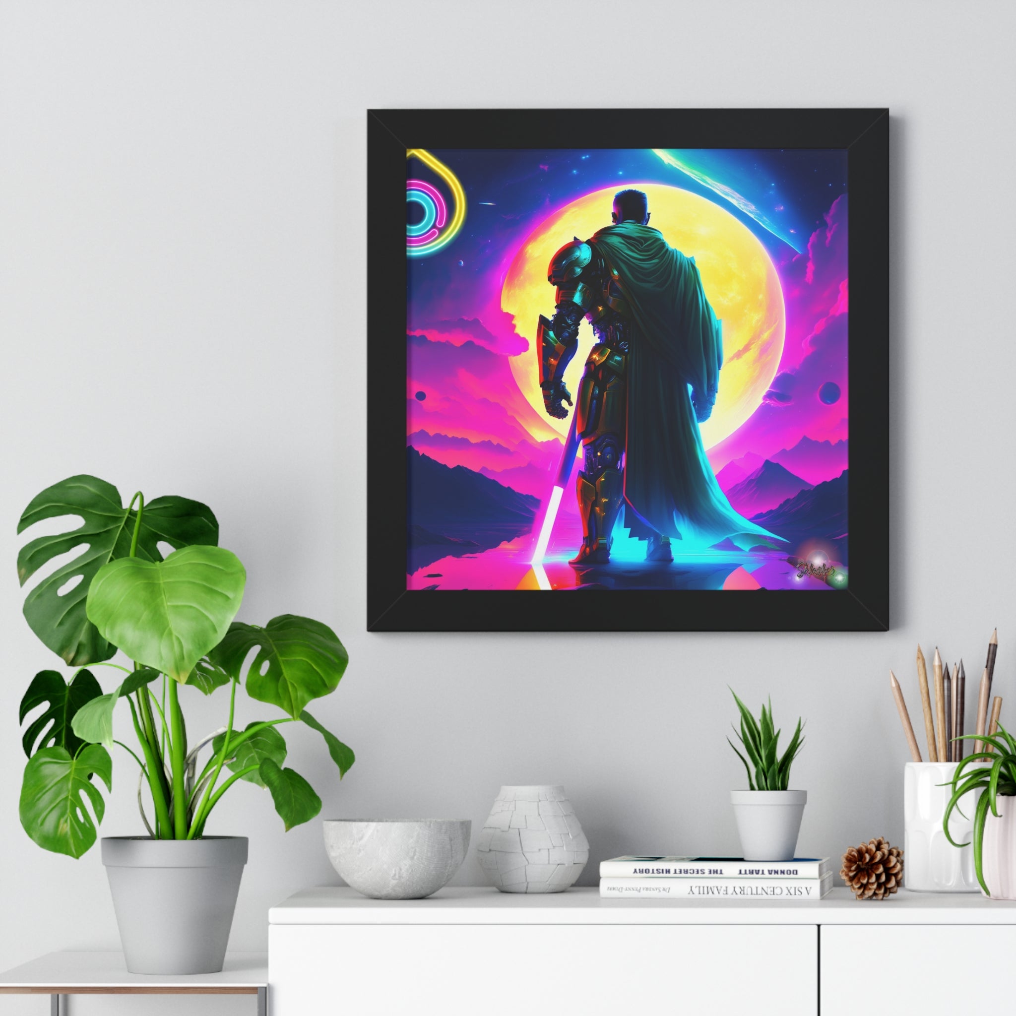 Neon Sci‑Fi Knight Framed Poster — Futuristic Cyberpunk Wall Art