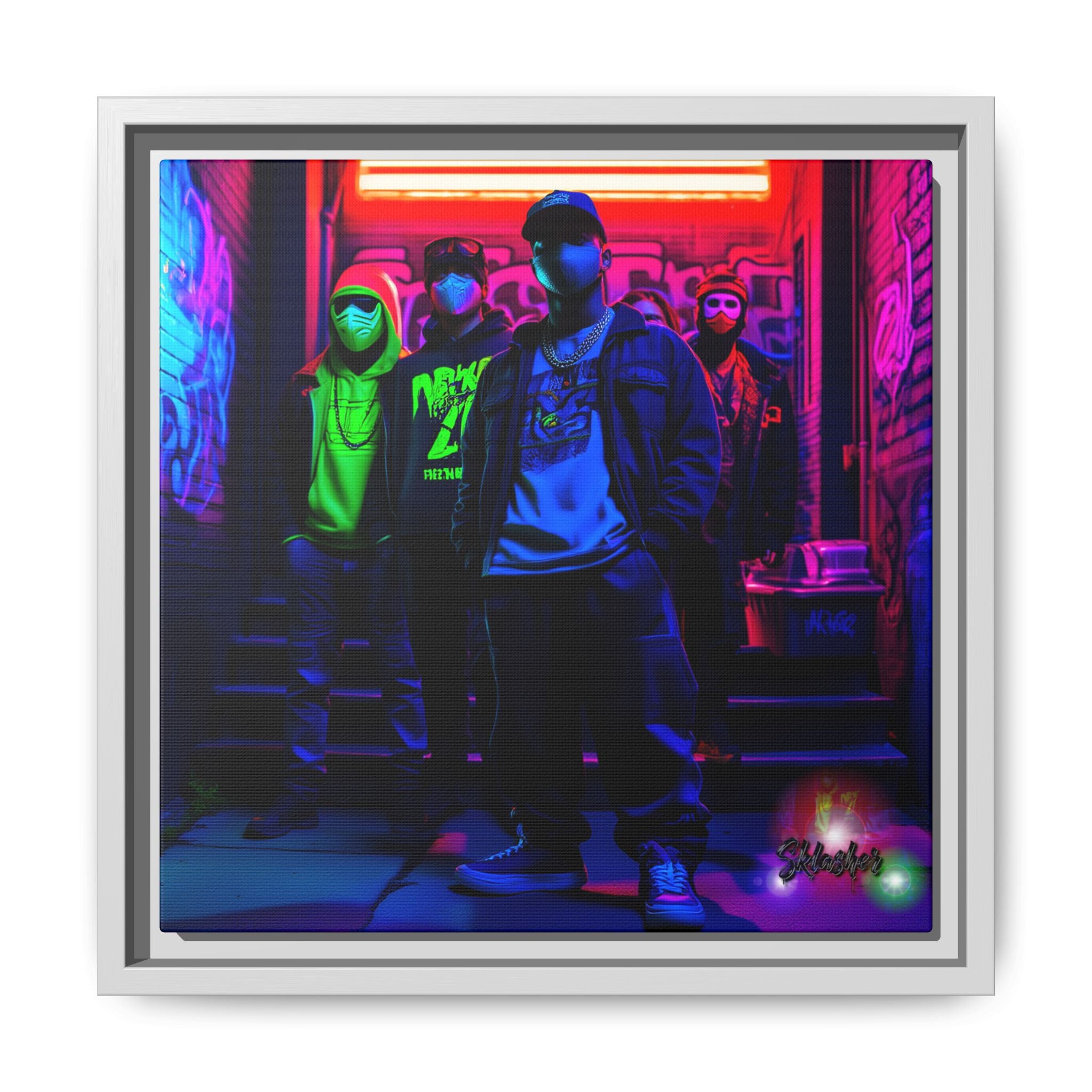 Cyberpunk Street Crew Framed Matte Canvas — Wall Art