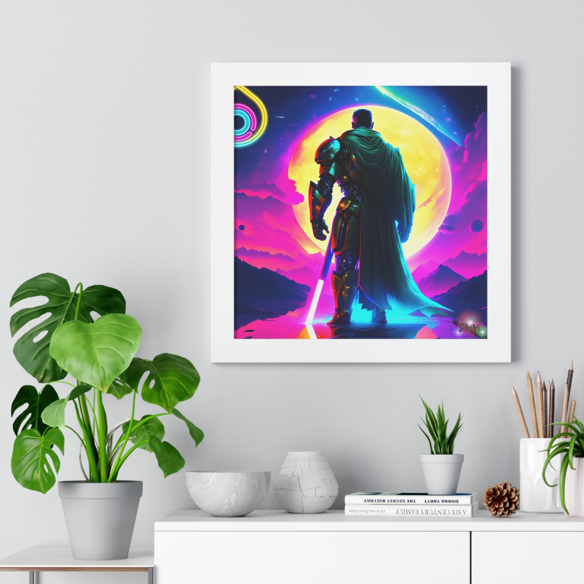 Neon Sci‑Fi Knight Framed Poster — Futuristic Cyberpunk Wall Art