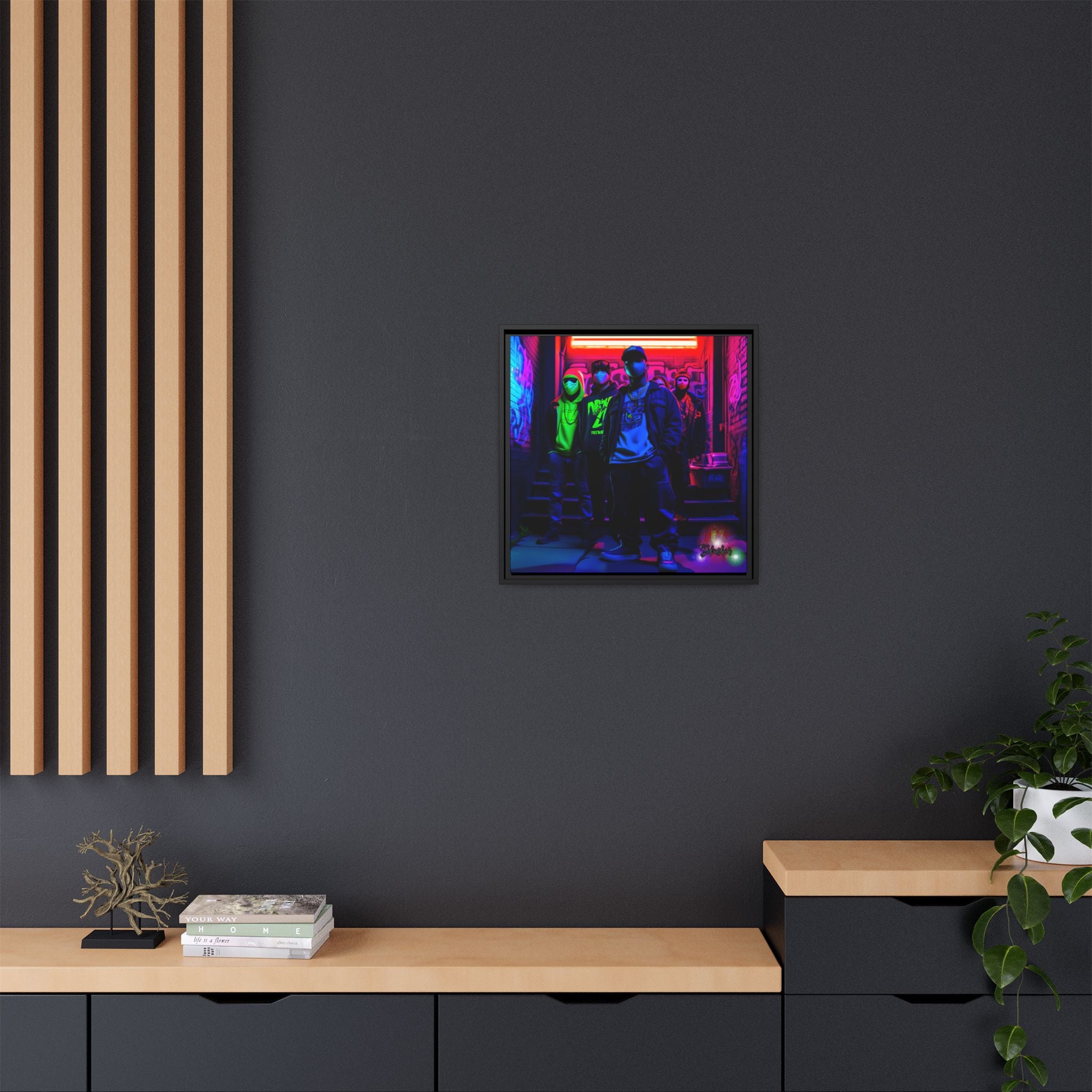 Cyberpunk Street Crew Framed Matte Canvas — Wall Art