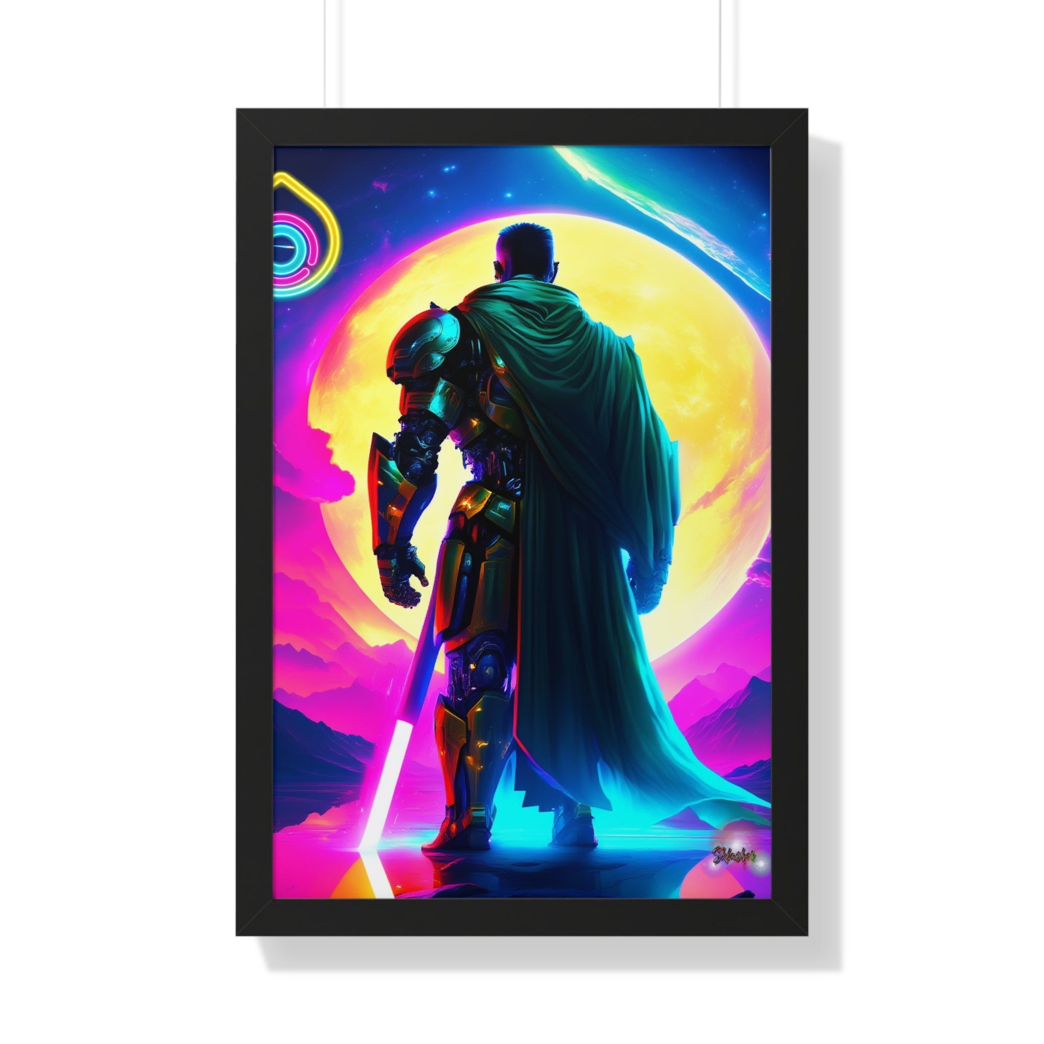Neon Sci‑Fi Knight Framed Poster — Futuristic Cyberpunk Wall Art