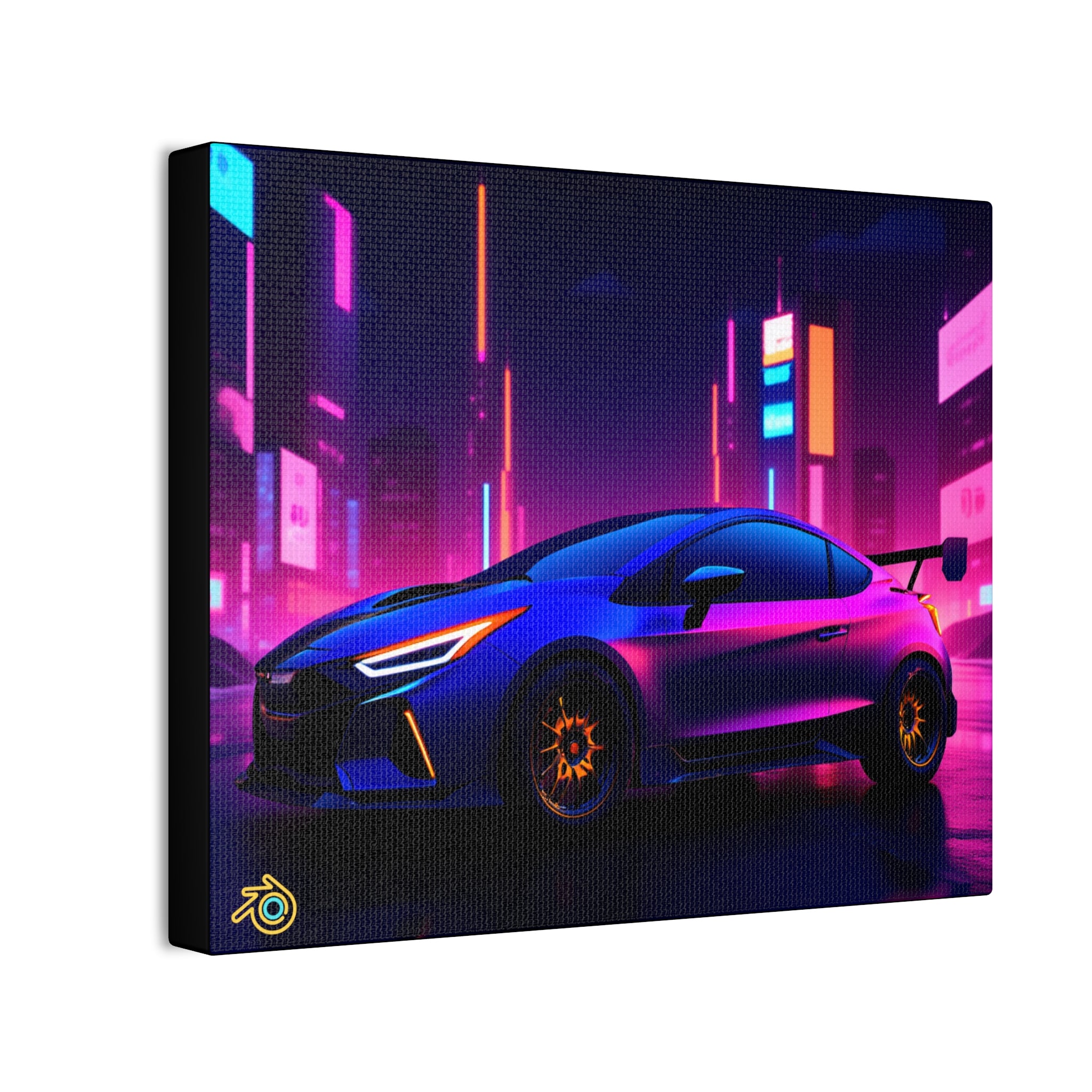 Neon City Sports Car Canvas Print — Retro Futuristic Wall Art