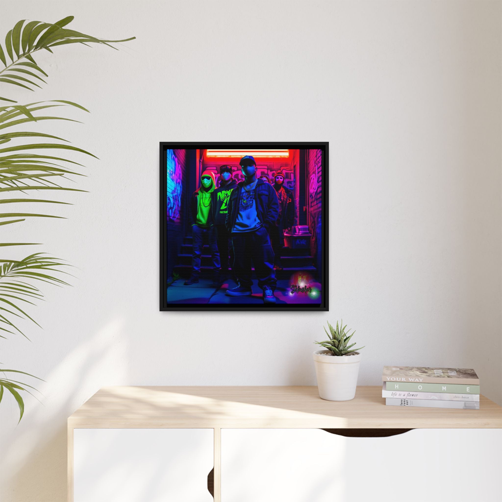 Cyberpunk Street Crew Framed Matte Canvas — Wall Art