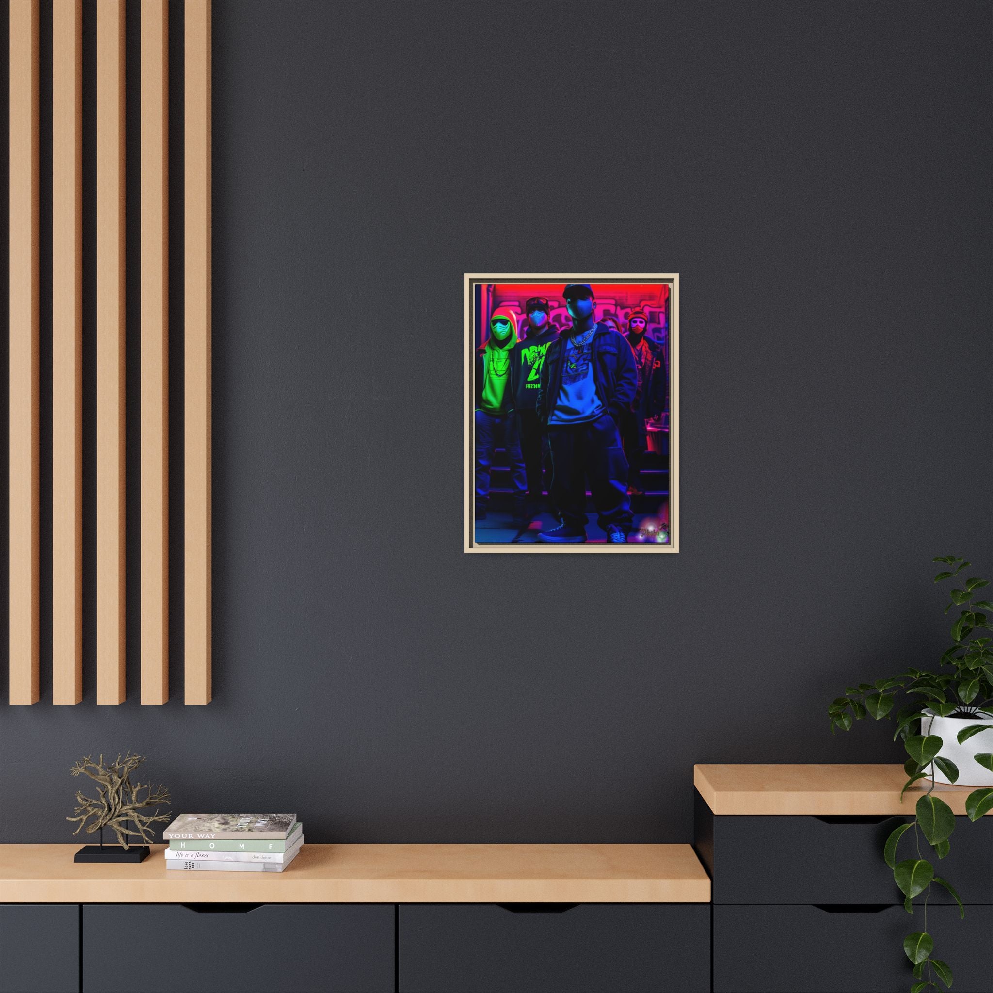 Cyberpunk Street Crew Framed Matte Canvas — Wall Art